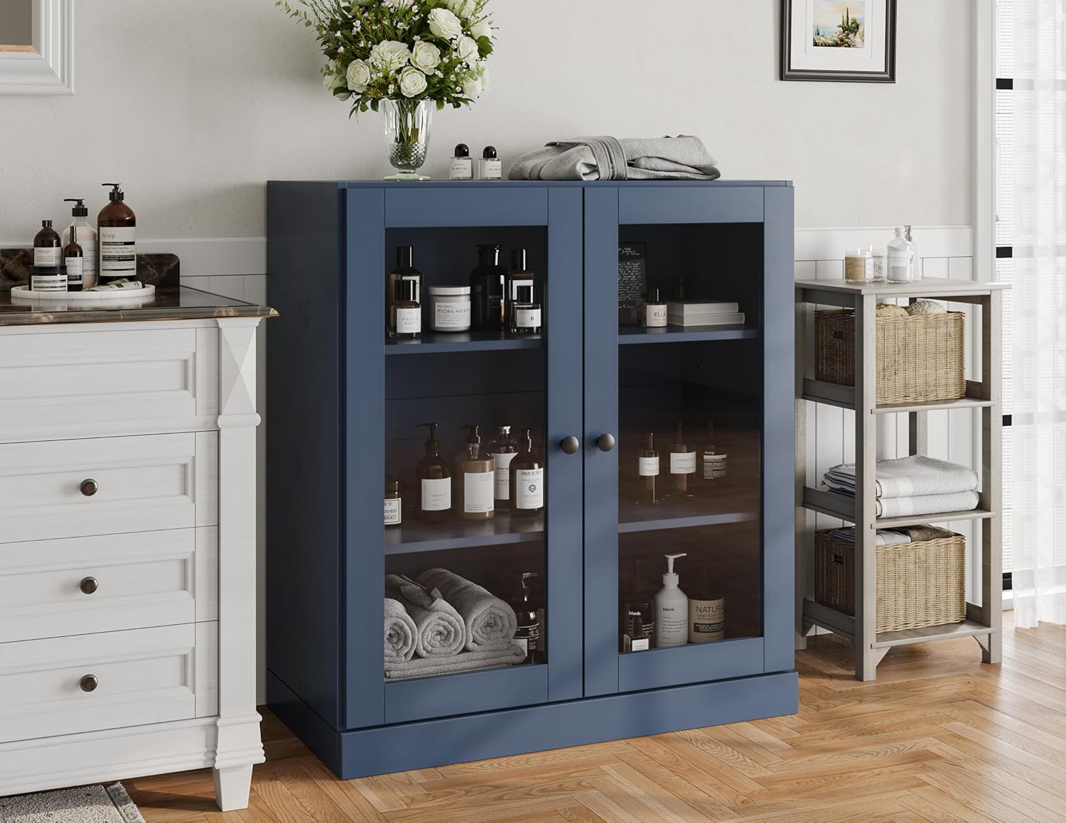 Palace Imports 100% Solid Wood 32"" Bathroom Storage Cabinet with Clear Glass Doors and Adjustable Shelves