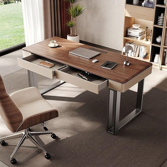 Workstations Modern Minimalist Luxury Solid Wood Desk Saddle Leather Walnut Study Bedroom Home Writing Desk Office Desk Office Desk(120x60x75cm)