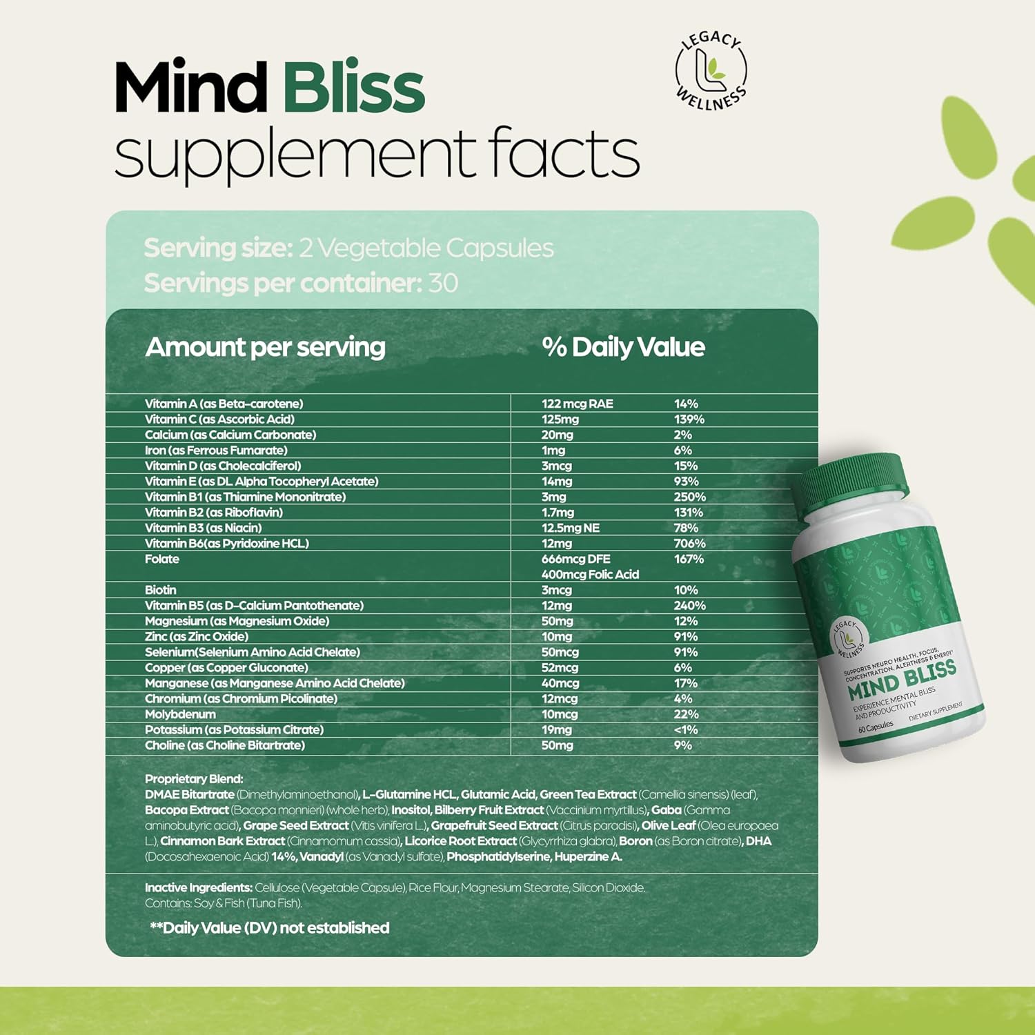 Mind Bliss Brain Supplement: 40-Ingredient Memory, Focus & Clarity Vitamins, Energy Boost & Nootropic Support with DMAE, 60 Pills - Image 5