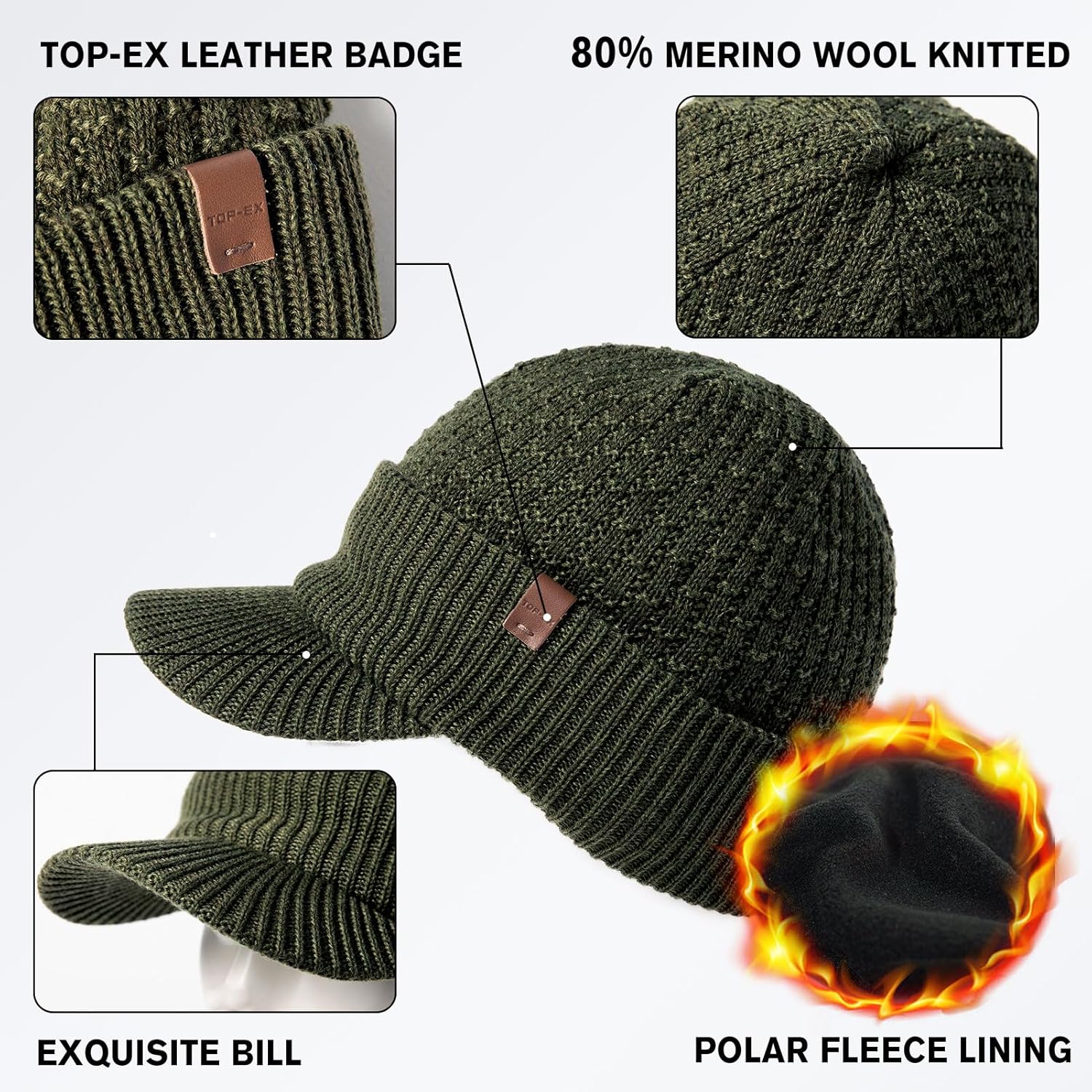 TOP-EX DryKnit™ Waterproof 80% Merino Wool Beanie Hat with Brim – Fleece Lined Ski Cap for Cold Weather & Large Heads - Image 5