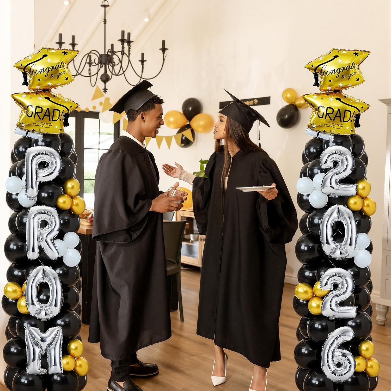 Hungdao 2 Set Prom 2026 Balloon Column Stand Kits with 174 Balloons 6.6ft Black Gold Balloon Tower Stand Kit with Base 2026 Graduation Adjustable Decorations for Grad Party Decor Supplies