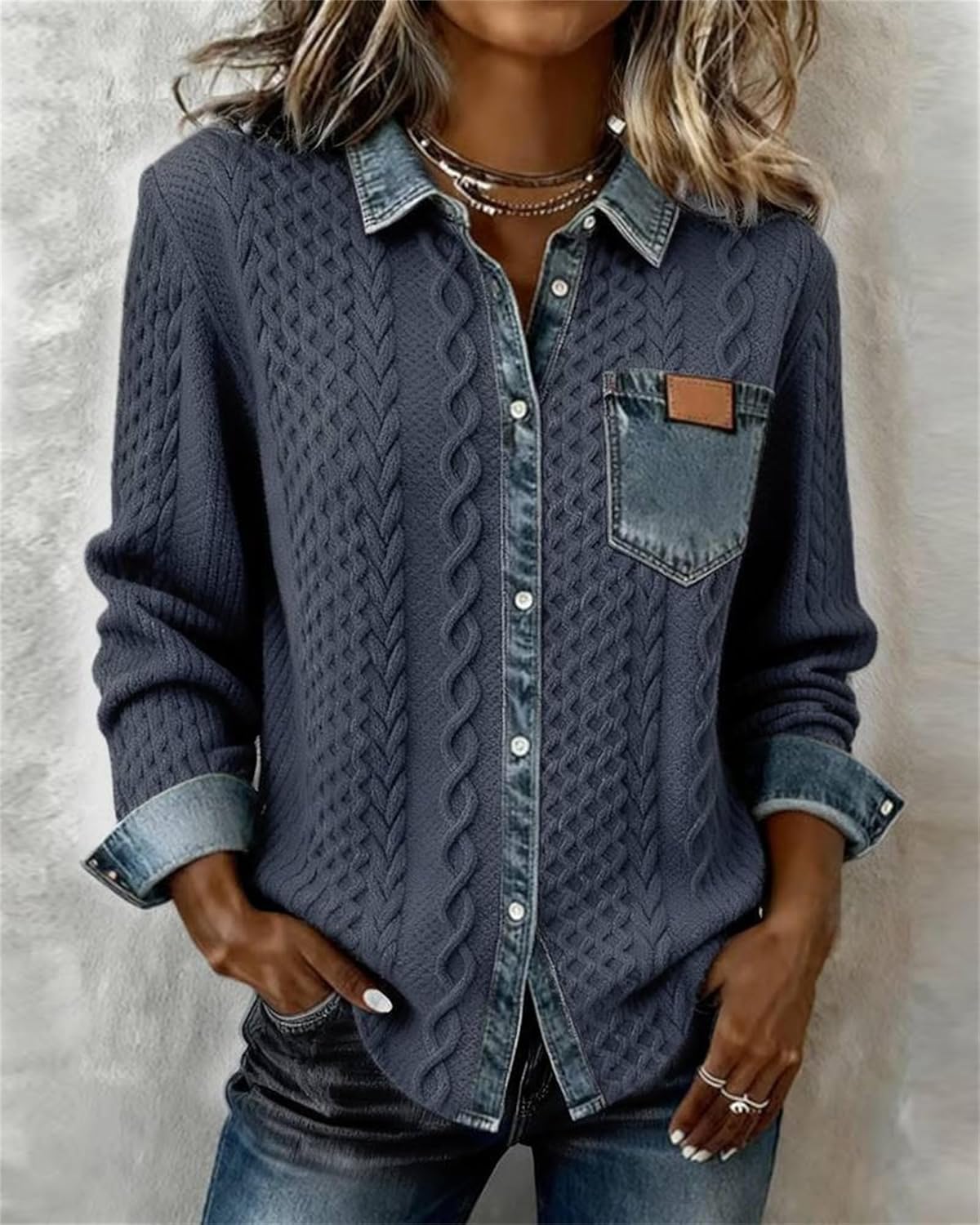 Women's Knitted Spliced Denim Shirt, Autumn and Winter Fashion Retro Cardigan ，Vintage Waffle Knit Jean Sweater