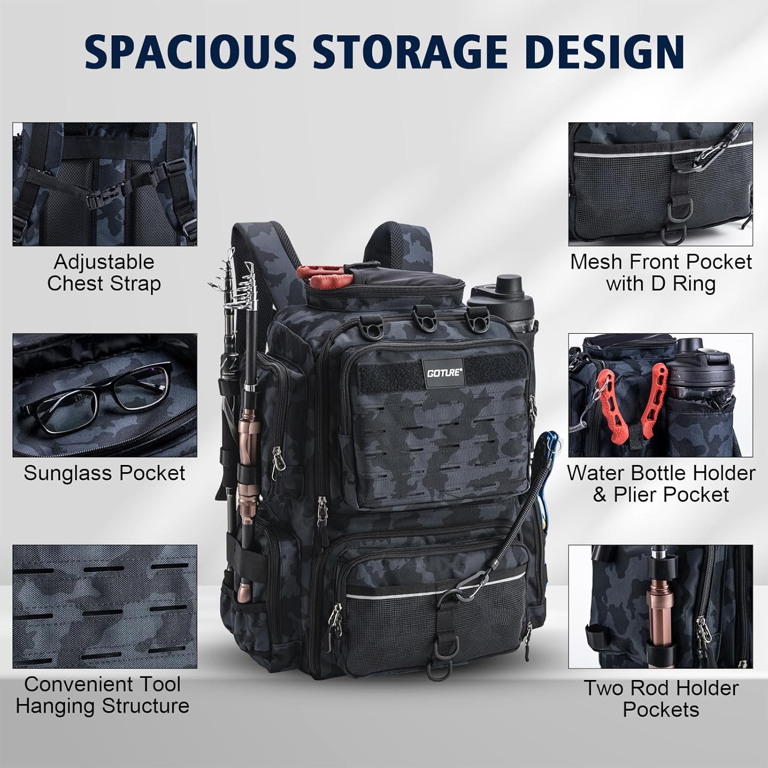 Goture Fishing Backpack with 4 Tackle Boxes,45L 600D Tackle Backpack with Rod Holders,8 Lure Pockets,Rain Cover,Large Fishing Bag Saltwater Gear Storage Bag for Camping Hiking