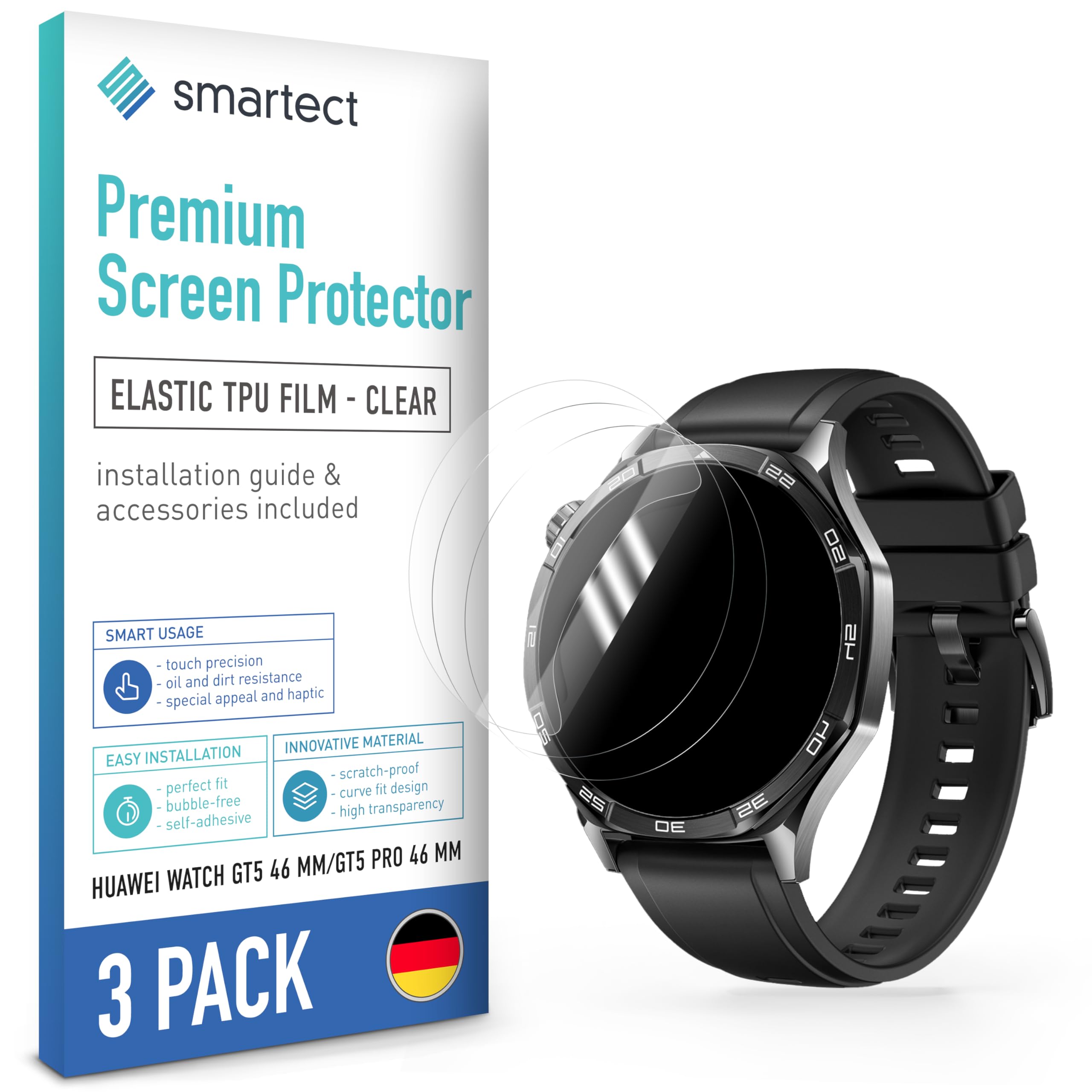 smartect Folia Ochronna TPU [3 Sztuki, Clear] dla Huawei Watch GT5 46 mm / GT5 Pro 46 mm, Zakrywa cały wyświetlacz, Ochraniacz Ekranu bez Pęcherzyków, Bez Odcisków palców