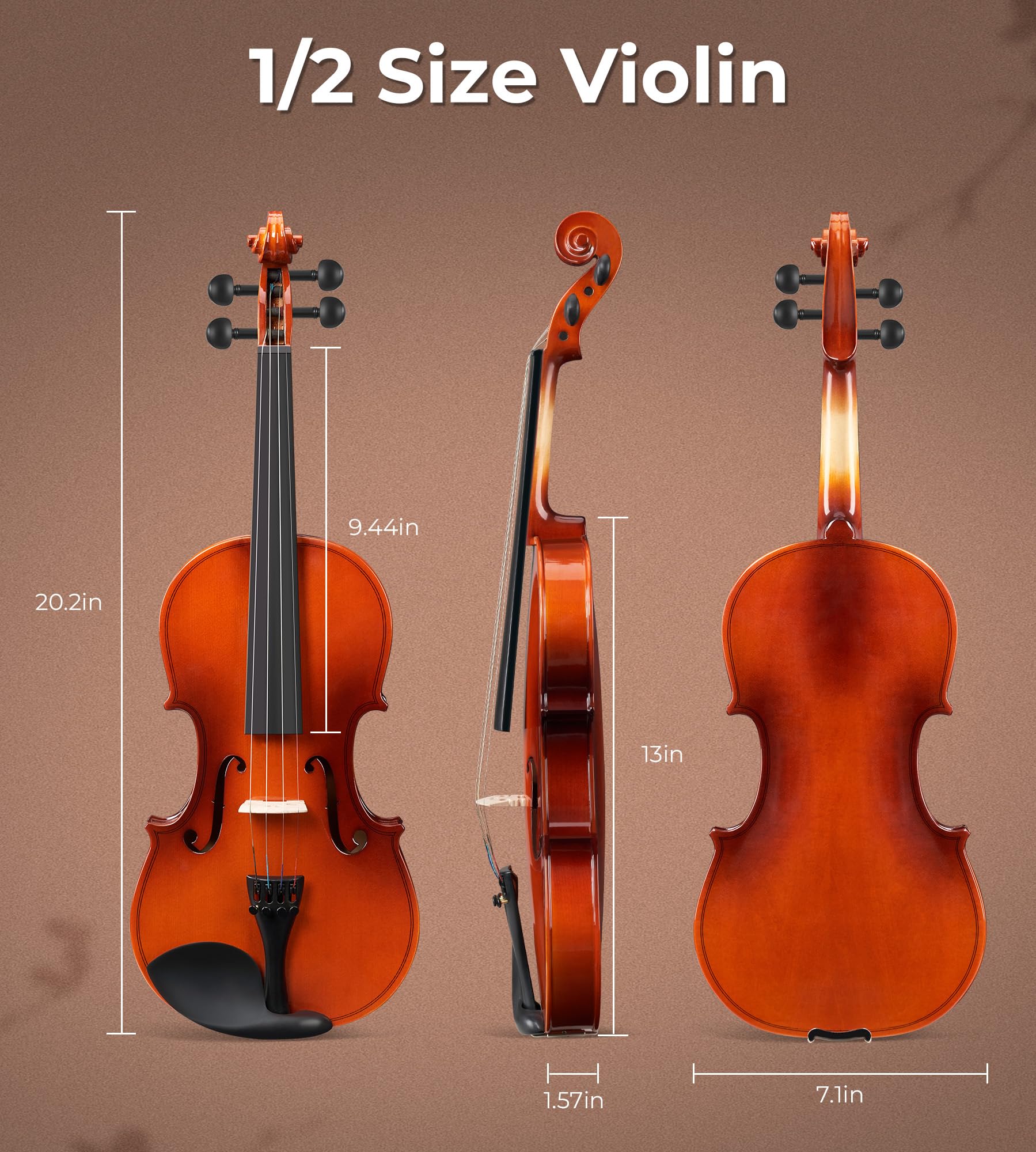 Vangoa Kit violino 1/2 per principianti, per bambini dai 6 anni in su, set con custodia rigida, colofonia, arco, corda, spalliera, adesivo guida per tastiera, satinato anticato