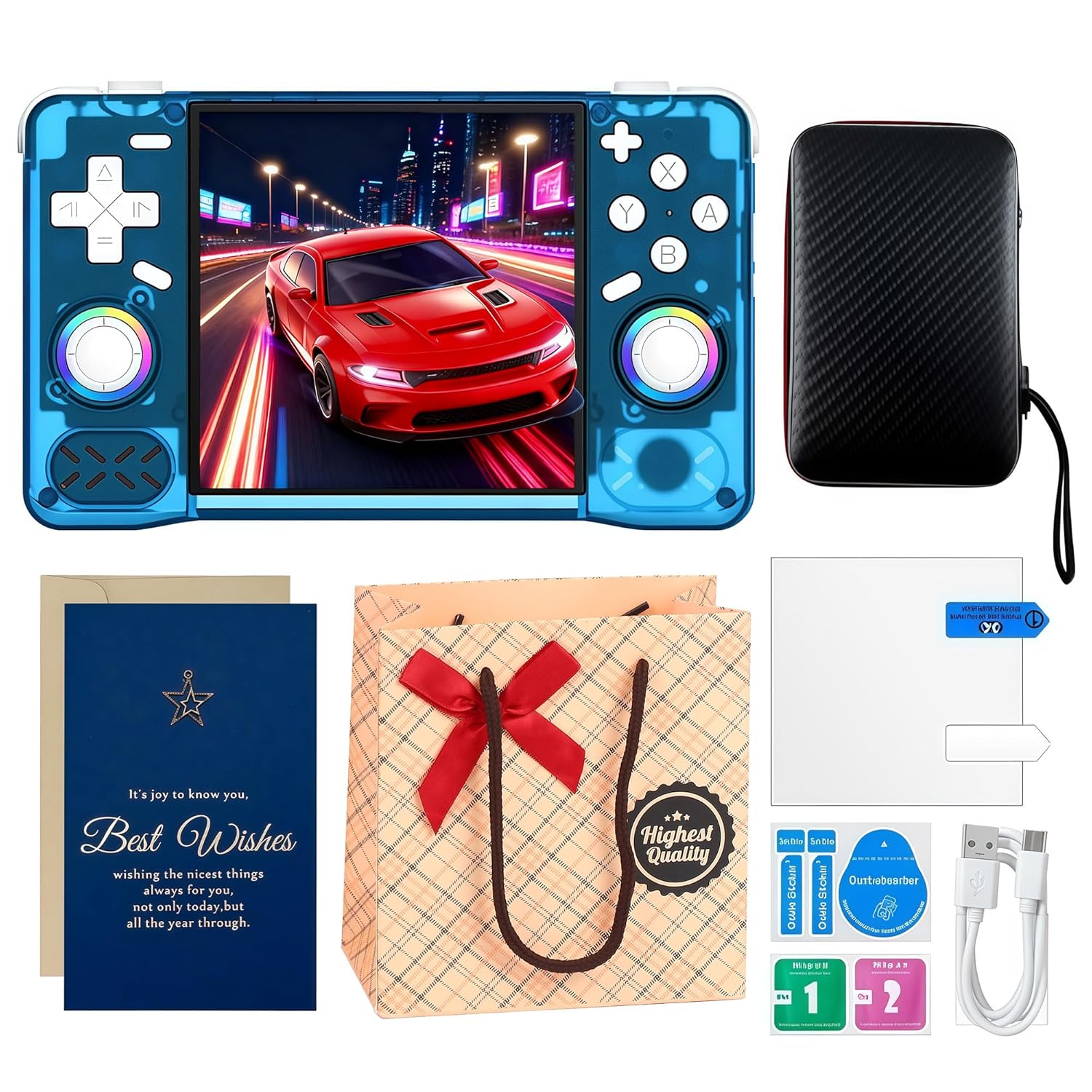 Upgraded XF40H Handheld Game Console - 128GB Retro Gaming Console with 4.0" 4K IPS Screen, 20,000+ Preloaded Classic Games, Open Source Linux System Premium Gift Set with Card & Bag (Blue Set)