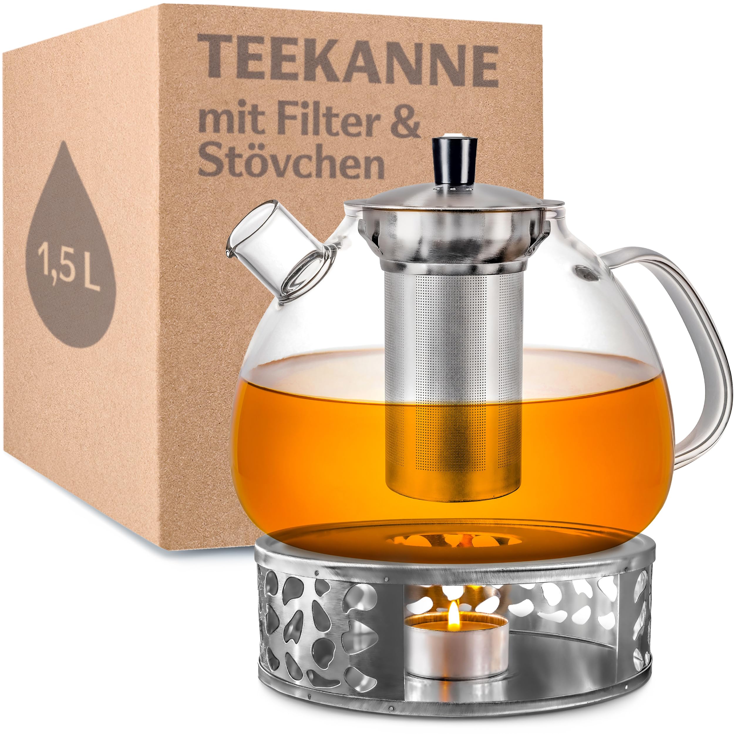 Cosumy Teekanne mit Sieb und Stövchen - 1,5 Liter - Hält lange warm - Spülmaschinenfest - Robuste Glas Teebereiter Groß
