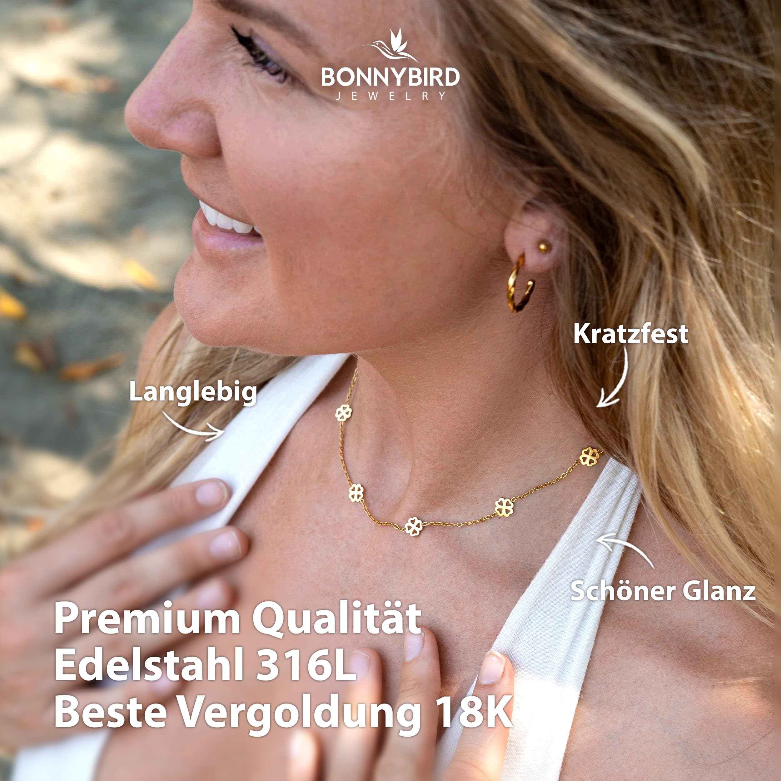 BONNYBIRD® Wasserfeste Edelstahl Halskette Damen in Silber, Gold & Roségold, 100% Wasserfest, Hautverträglich & Langlebig