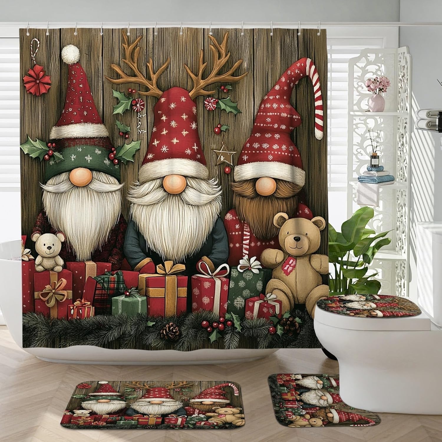 4PCS Farmhouse Christmas Gnome Bathroom Sets with Non-Slip Rug, U Shape Toilet Lid Cover Mat, Country Rustic Wooden Xmas Bathroom Decoration 72''x72''
