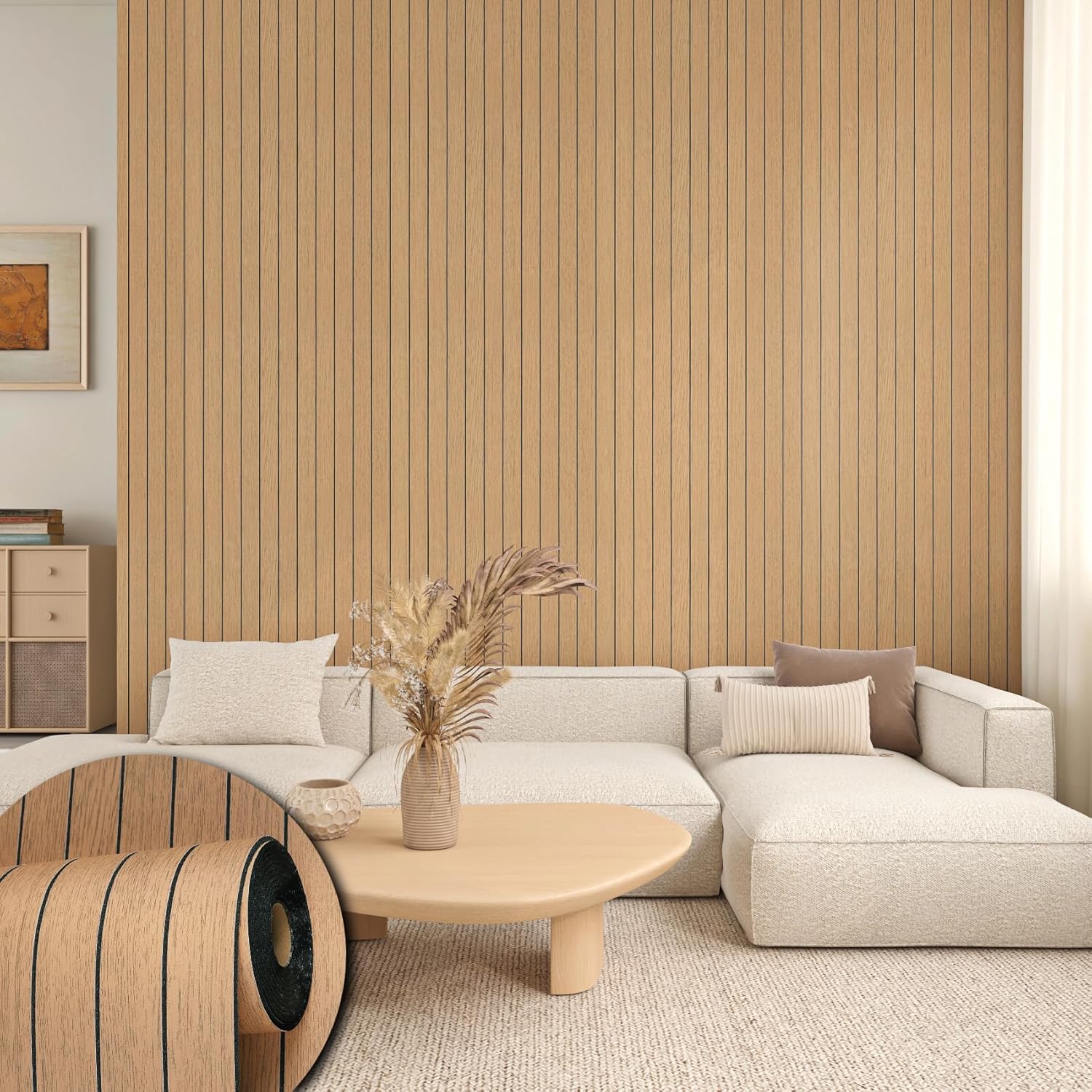 Stickyart Honey Wood 3D Wall Panels Self Adhesive 23.6"X 196.8" PVC Stick on Wood Panels for Walls Peel and Stick Slat Panel Woodgrain Wall Paneling Wallpaper Soundproof for Living Room Kitchen Walls