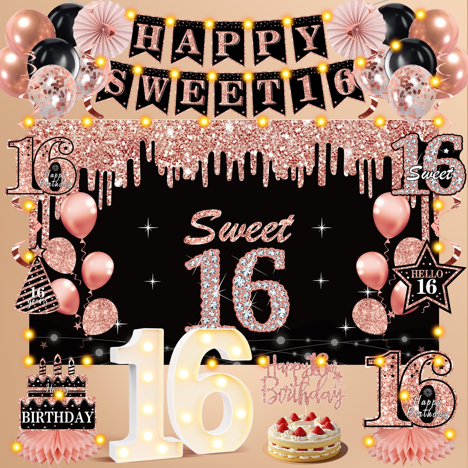 Turypaty Kit de decoración de cumpleaños número 16 para niñas, números
