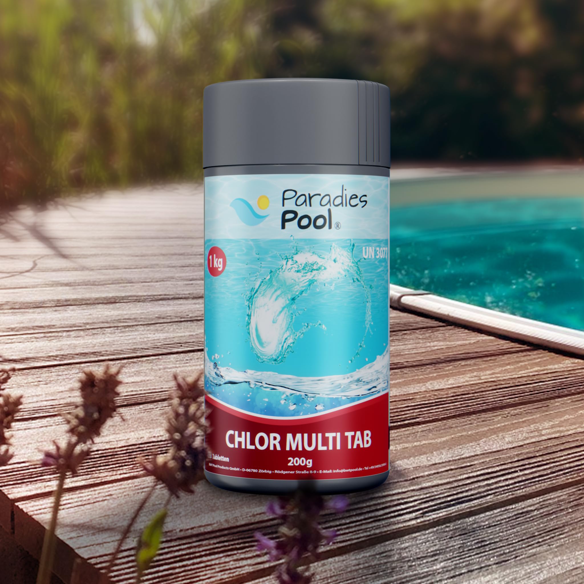 Paradies Pool Multi Tabs 200 g 3 kg, 4 in 1 Multi Tabletten mit Chlor, Algenschutz, Flockungsmittel, pH Stabilisator, zur Wasserbehandlung, Inhalt: 3 kg