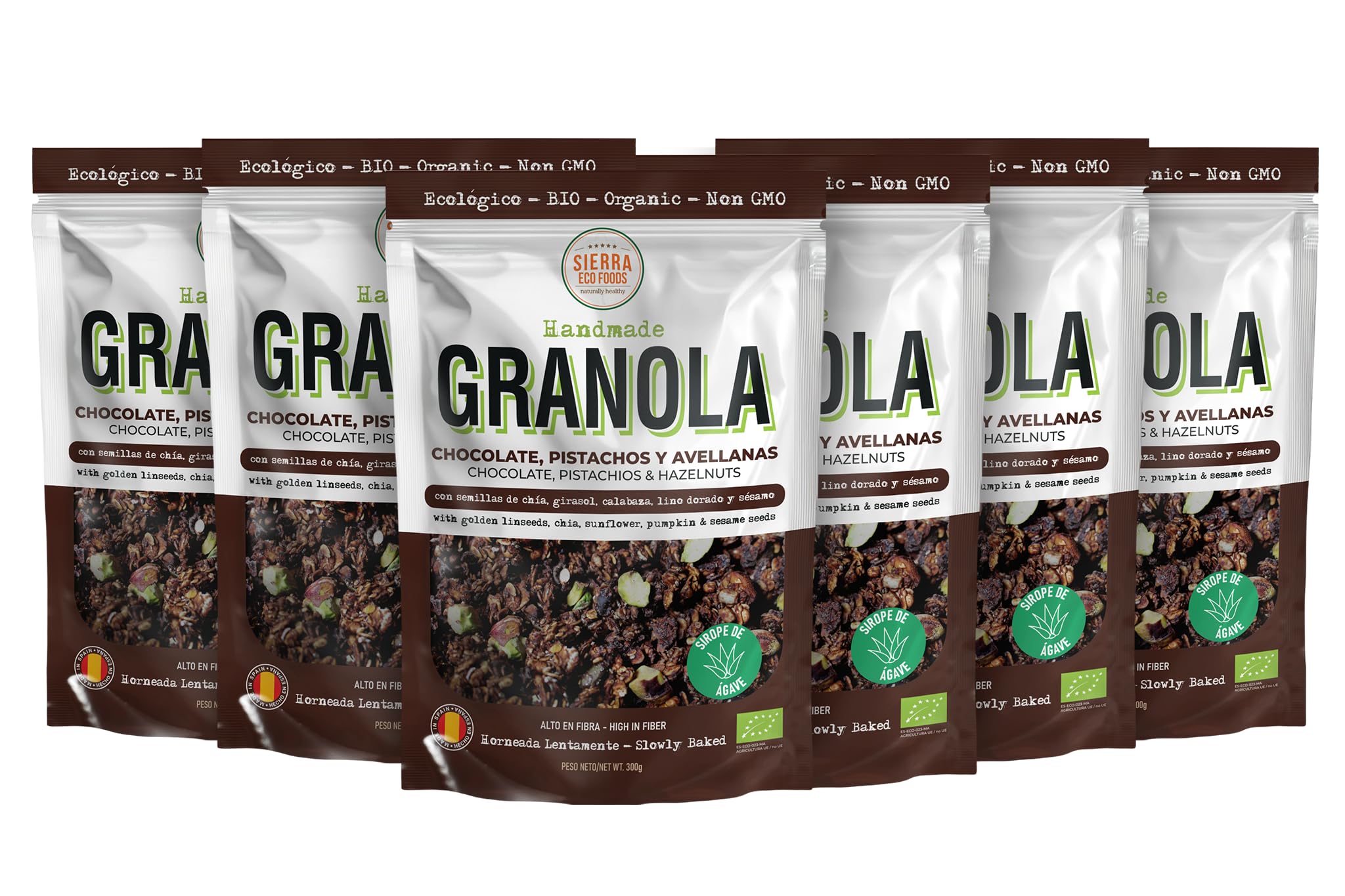 Granola Ecológica y Artesana con Chocolate (70%), Pistachos y Avellanas, Sirope de Ágave y Aceite de Oliva Virgen Extra, Semillas/Pack 6x300g (1,8 kg)