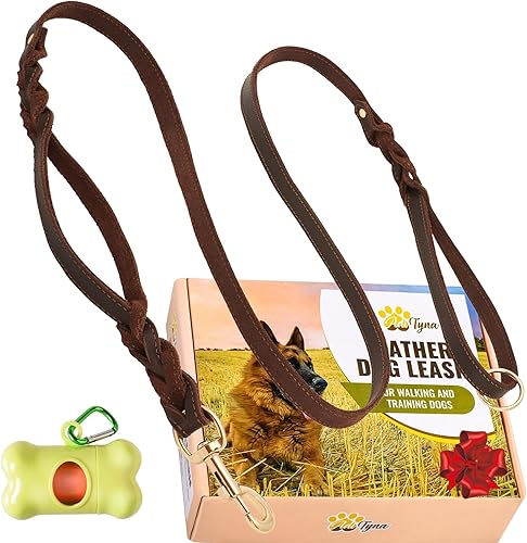 Miniatura 8 de ADITYNA Correa de cuero de doble asa para perro de 6 pies - Correa trenzada resistente con mango de tráfico - Correa para entrenar y caminar perros