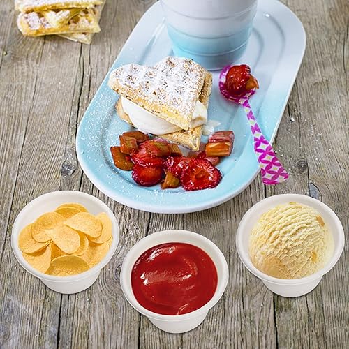 Miniatura 6 de SOUJOY Paquete de 100 vasos desechables con tapas, taza de helado compostable de bagazo de 4.5 onzas, recipiente pequeño de muestra de condimentos