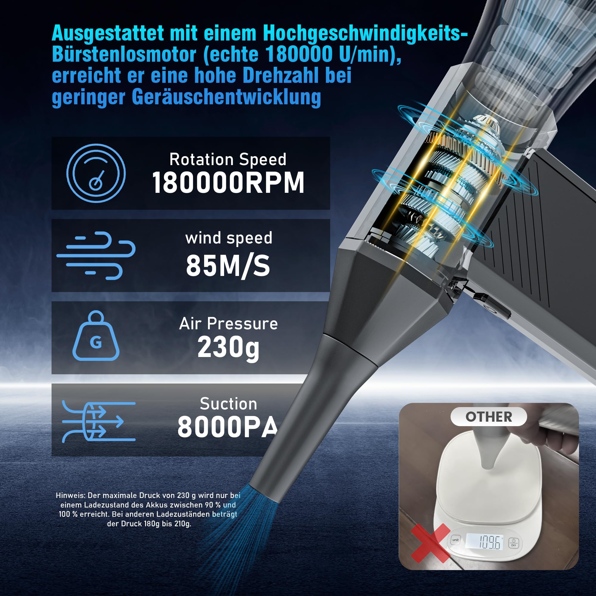 MJY 180000U/min 85M/S 230g Elektrische Staubgebläse Druckluftspray,7600mah Akku 4-Gang Einstellbar Electric Air Duster Turbo Gebläse Mit LED Laterne für Auto,elektronische Geräte,PC Reinigungsset