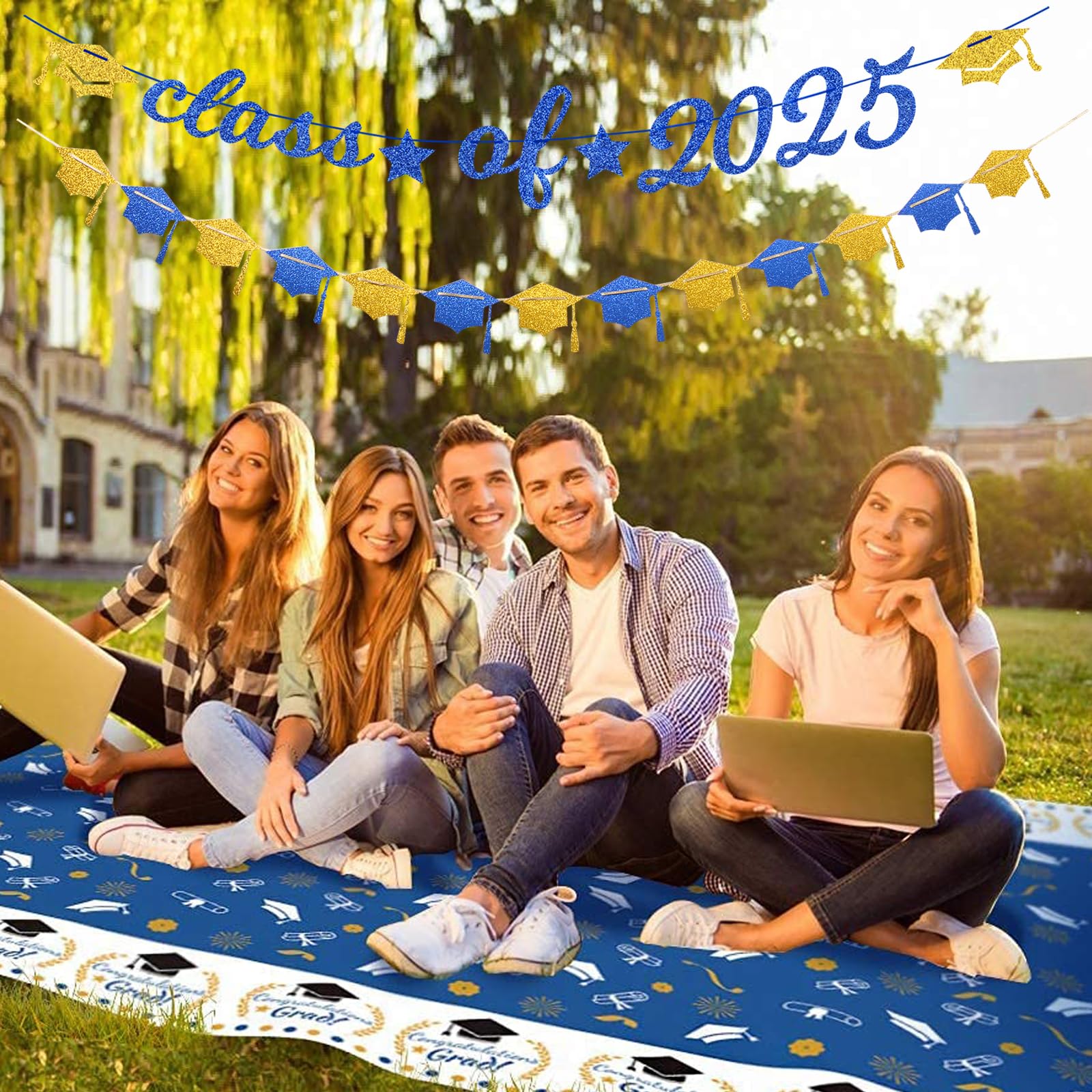 Navy-Blue White-Gold Party-Decorations Graduation Banner - 8pcs Kits Class of 2025 Cap Garland Streamers, Paper Tissue Pom Poms Flowers, Congratulations Grad Decor Lasting Surprise
