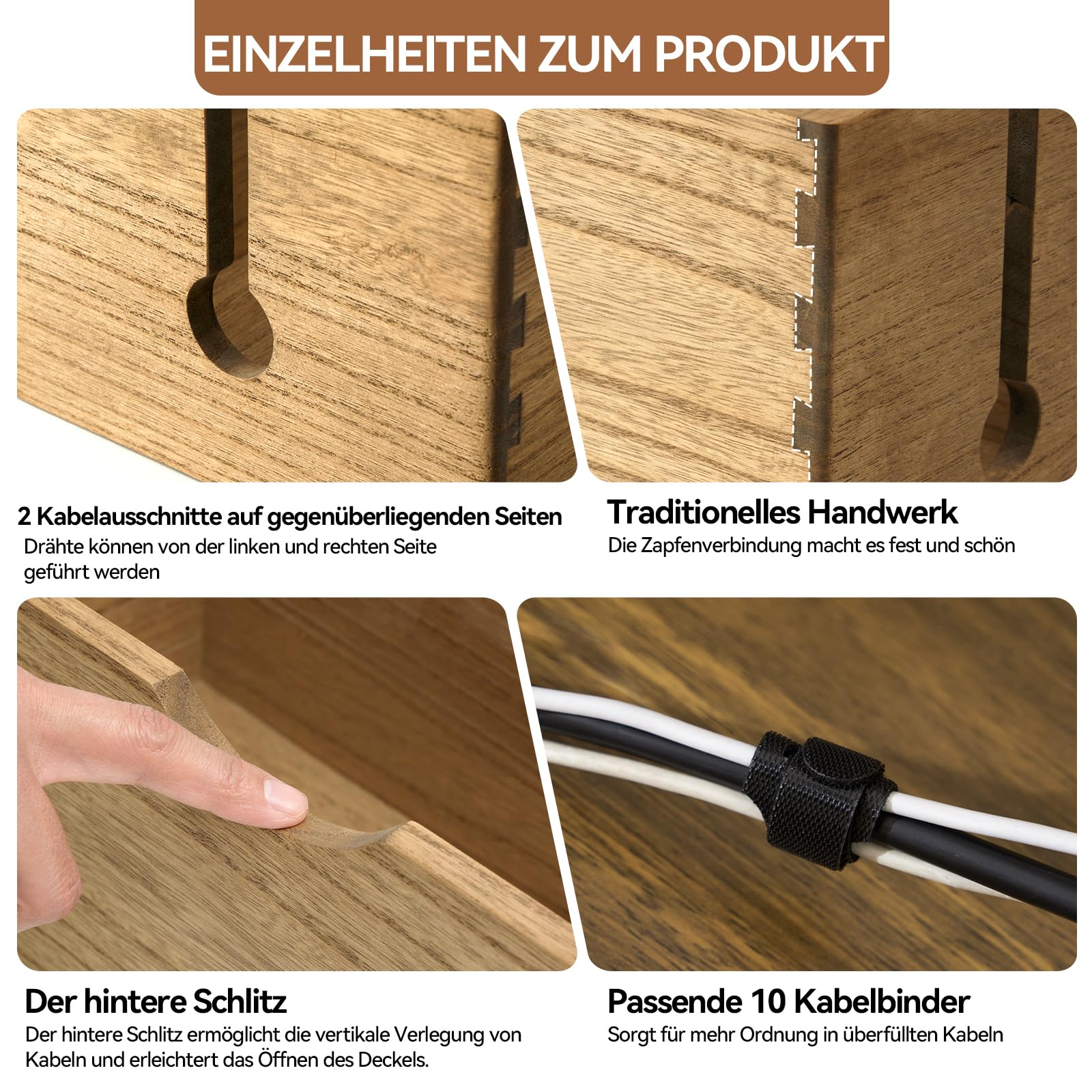 KIRIGEN Kabelbox aus Paulownia-Holz, 2er-Set mit klappbarem Deckel, Kabelmanagement-Box für Steckdosenleisten, Ladegeräte und Netzteile, inklusive 10 Kabelbindern, Dunkelbraun