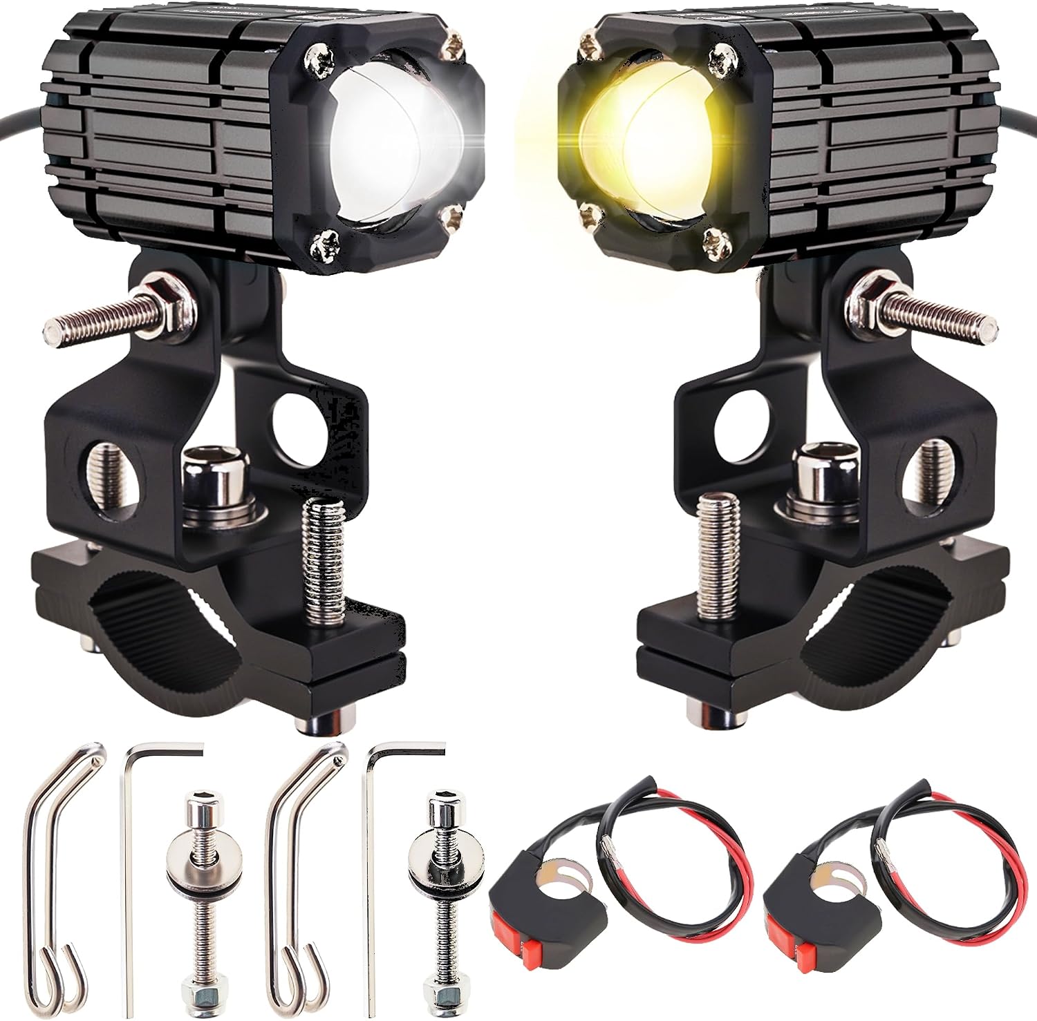 Windance 2pcs Motorcycle Headlight Auxiliary Light with Mounting Bracket,32W 4-Modes Hi/Lo Beam Yellow White 3200LM LED Spotlight Fog Light for Tractor ATV UTV (Black)