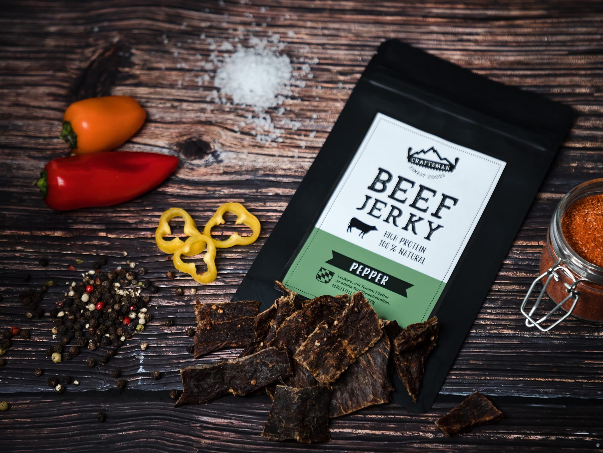 Craftsman Beef Jerky Pepper | Trockenfleisch aus Deutschland - Bayern | Set 5 x 100g = 500g | 100% natürlich ohne Zucker | 100% Rind | High Protein 68% | Dörrfleisch Pfeffer