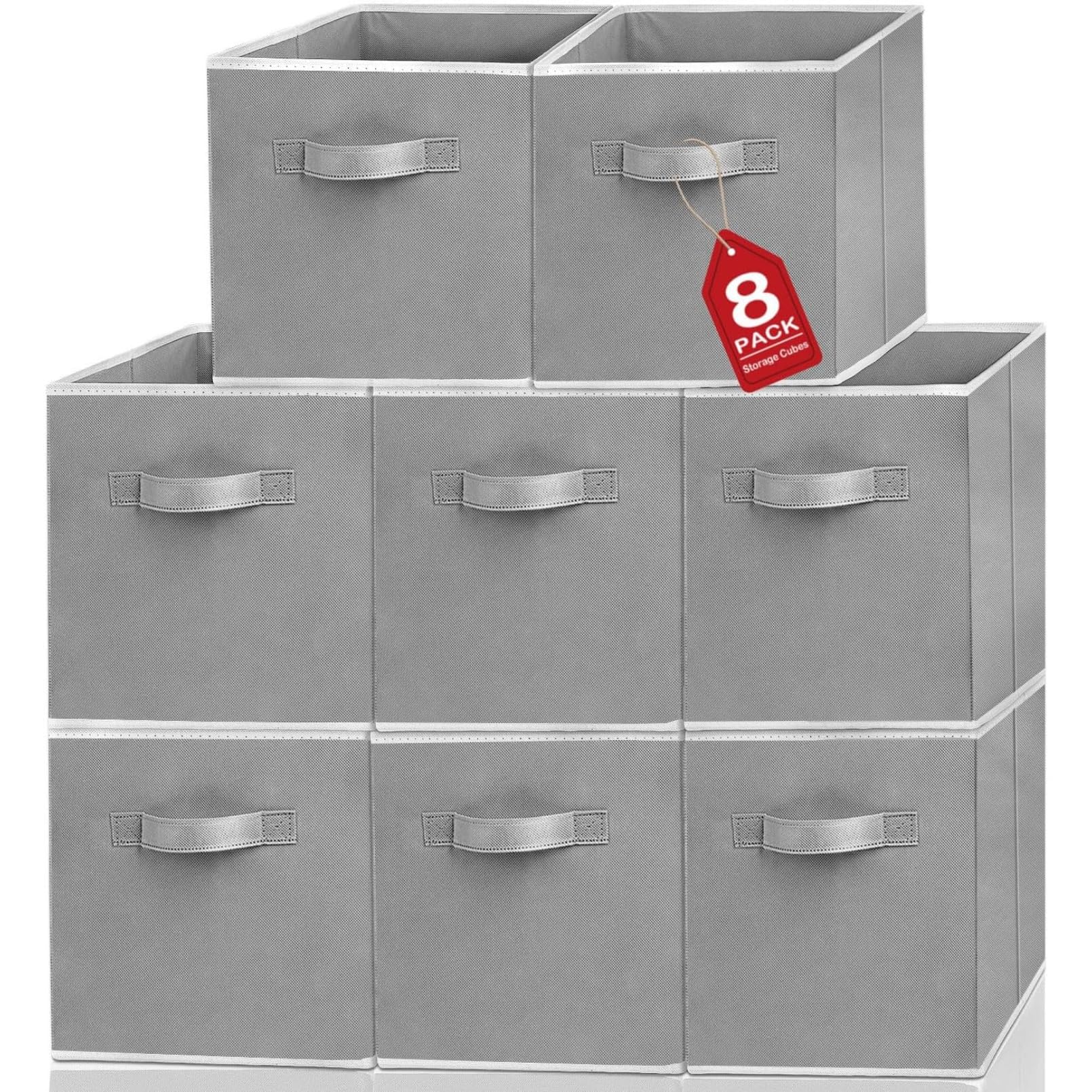 Preocea 8 Pack Storage Cubes, 28cm Cube Storage Bins, Fabric Foldable Cube Baskets, Collapsible Storages Bins with Handles, Fabric Bin Storages Box For Shelf Organizing Clothes Closet, Grey