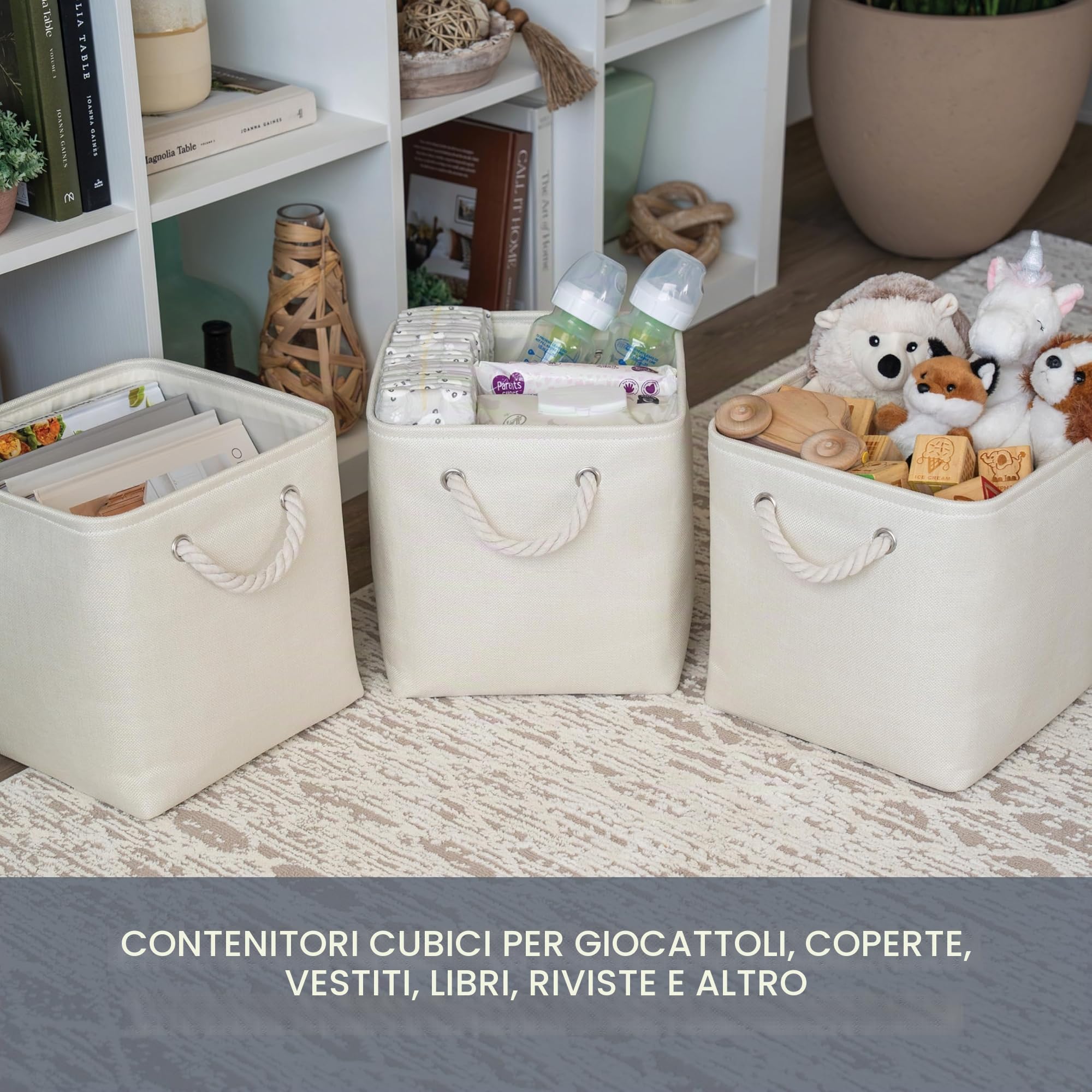 OrganiHaus Set di 4 Cubi Scatole Portaoggetti 30x30, Cestini Portaoggetti in Tessuto con Manici in Corda, Cubi Portaoggetti Pieghevoli per Libreria Kallax, Cestino per la Cameretta. Bianco