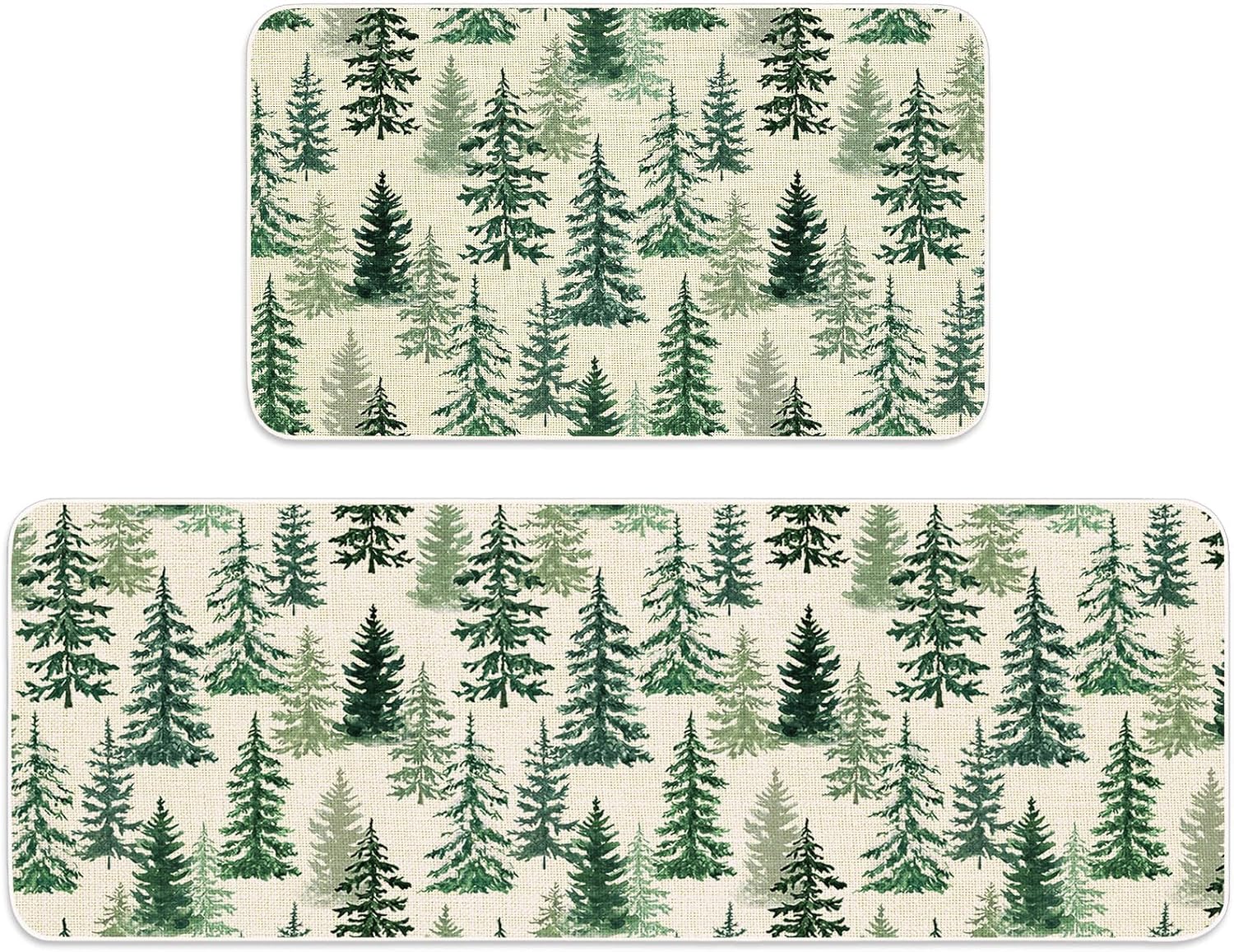 JarThenaAMCS Christmas Kitchen Mat Set of 2 Watercolor Cedar Forest Kitchen Floor Mats Winter Trees Non-Slip Door Rugs for Xmas Holiday Home Entrance Decor