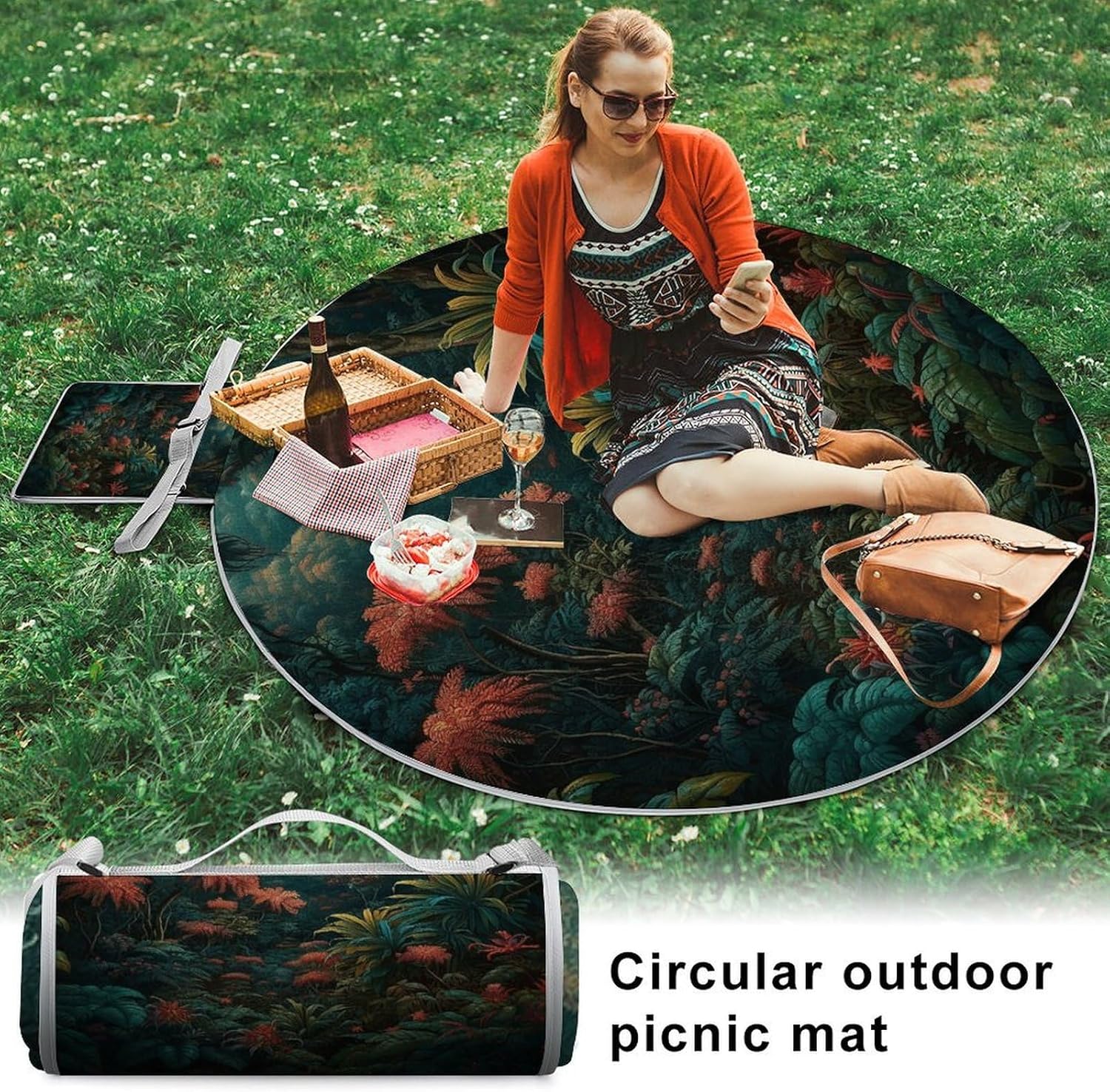 Realistic Botanical Style 58.3 in Round Outdoor Rugs for Patio Decor And Outdoor Picnic.Beach Blankets- Sandproof Waterproof Foldable Beach Blanket.Travel Blanket for Camping, Park, Travel, Grass Use