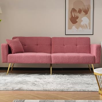 Modular Sectional Sofa Bed Convertible Sleeper with Adjustable Backrest, Storage Pockets, Gold Legs for Living Room Bedroom Apartment L Shaped Couch,Pink