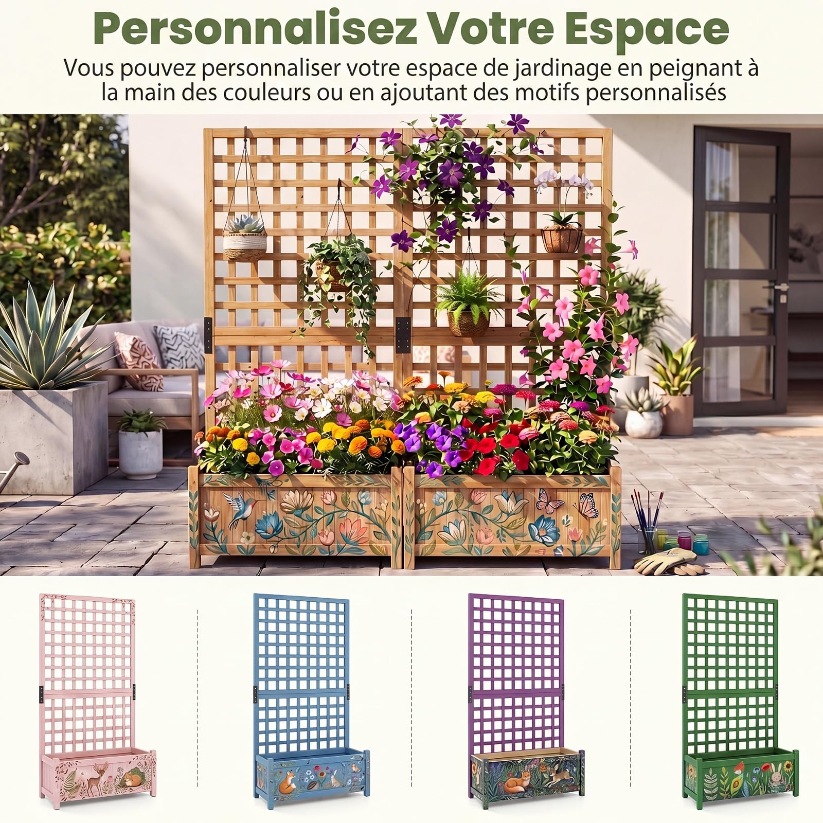COSTWAY Jardinière avec Treillis en Bois, Bac à Fleurs Surélevé avec Trous de Drainage Fond Amovible, Jardinière Brise-Vue pour Plantes Grimpantes Légumes Fruits, 76 x 32 x 143 cm (Orange)