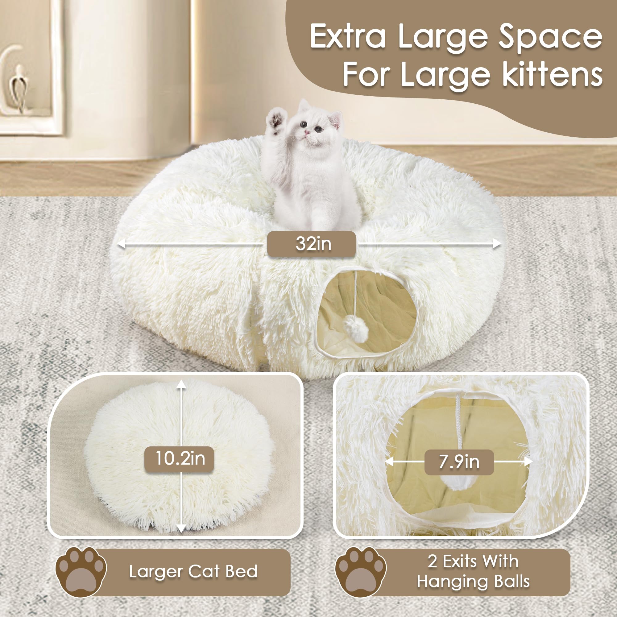 Catasaurus Peekaboo - Cama tipo túnel para gatos de interior, con alfombrilla de juego suave lavable, tubo peludo, para gatito/cachorro/conejo, beige-N