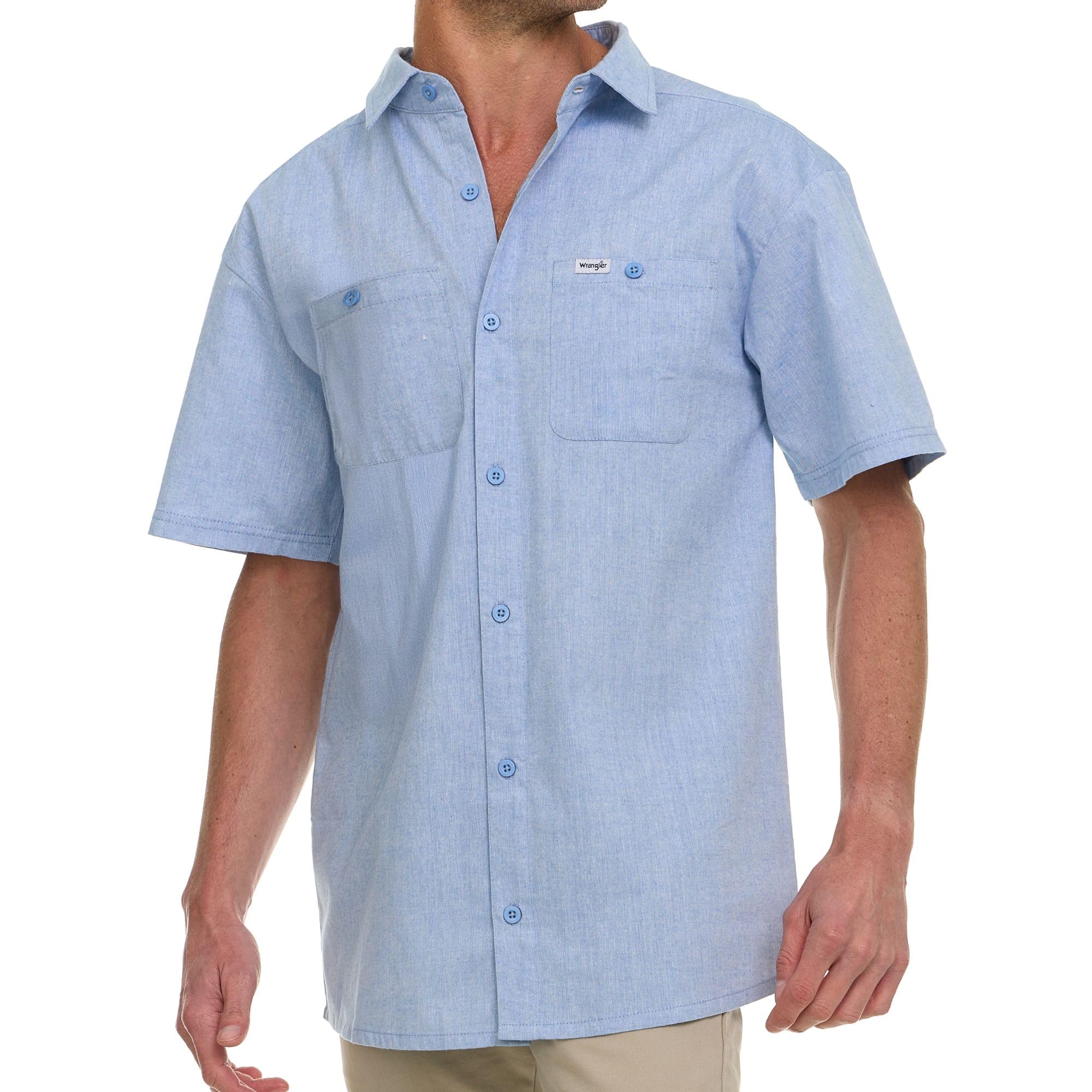 Wrangler Button Up Shirts for Men Big and Tall - Chambray Woven Short Sleeve Casual Shirt