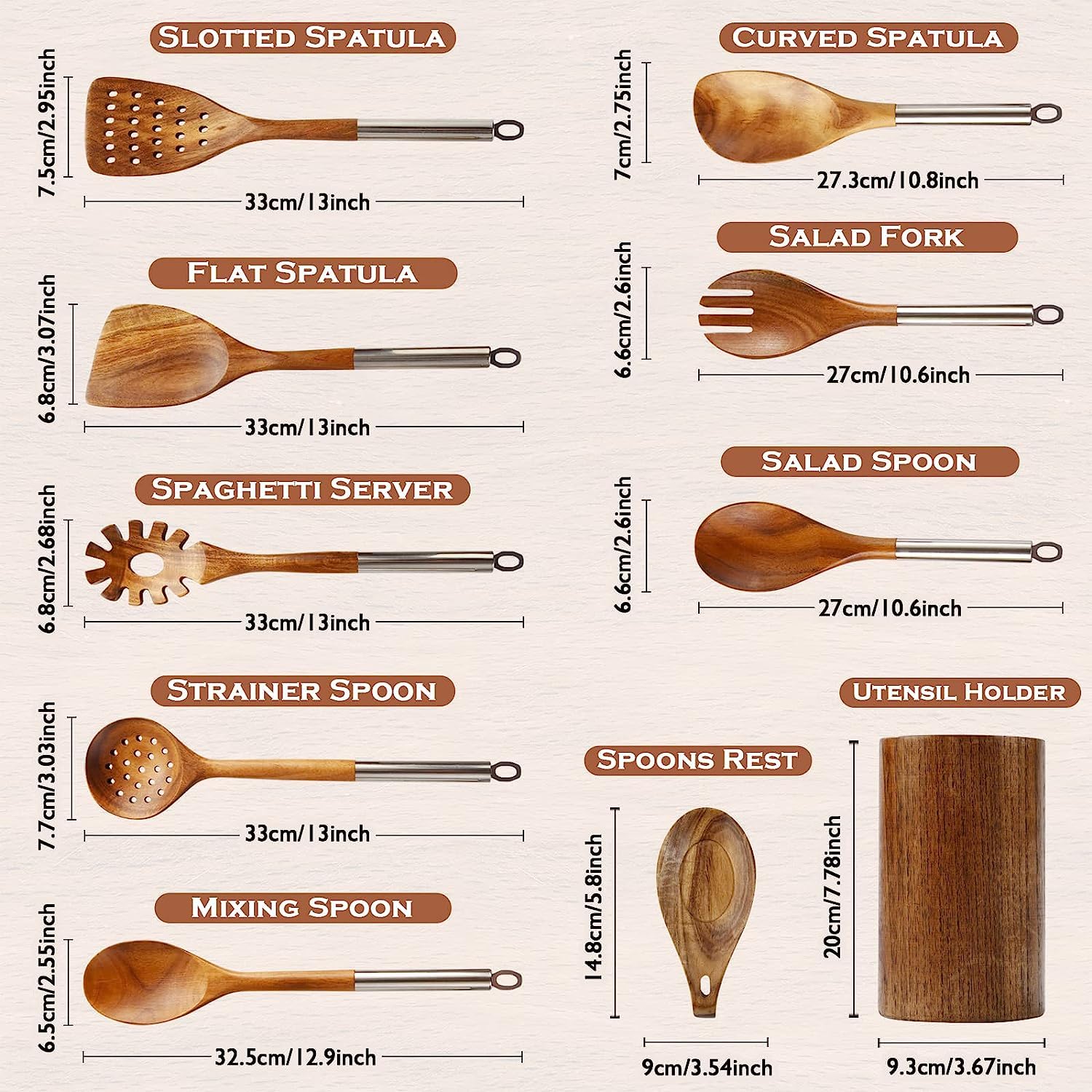 Cucharas de madera para cocinar, 10 cucharas de madera con mango de acero inoxidable, juego de utensilios de madera antiadherentes y espátula para accesorios de cocina del hogar, 10 ganchos