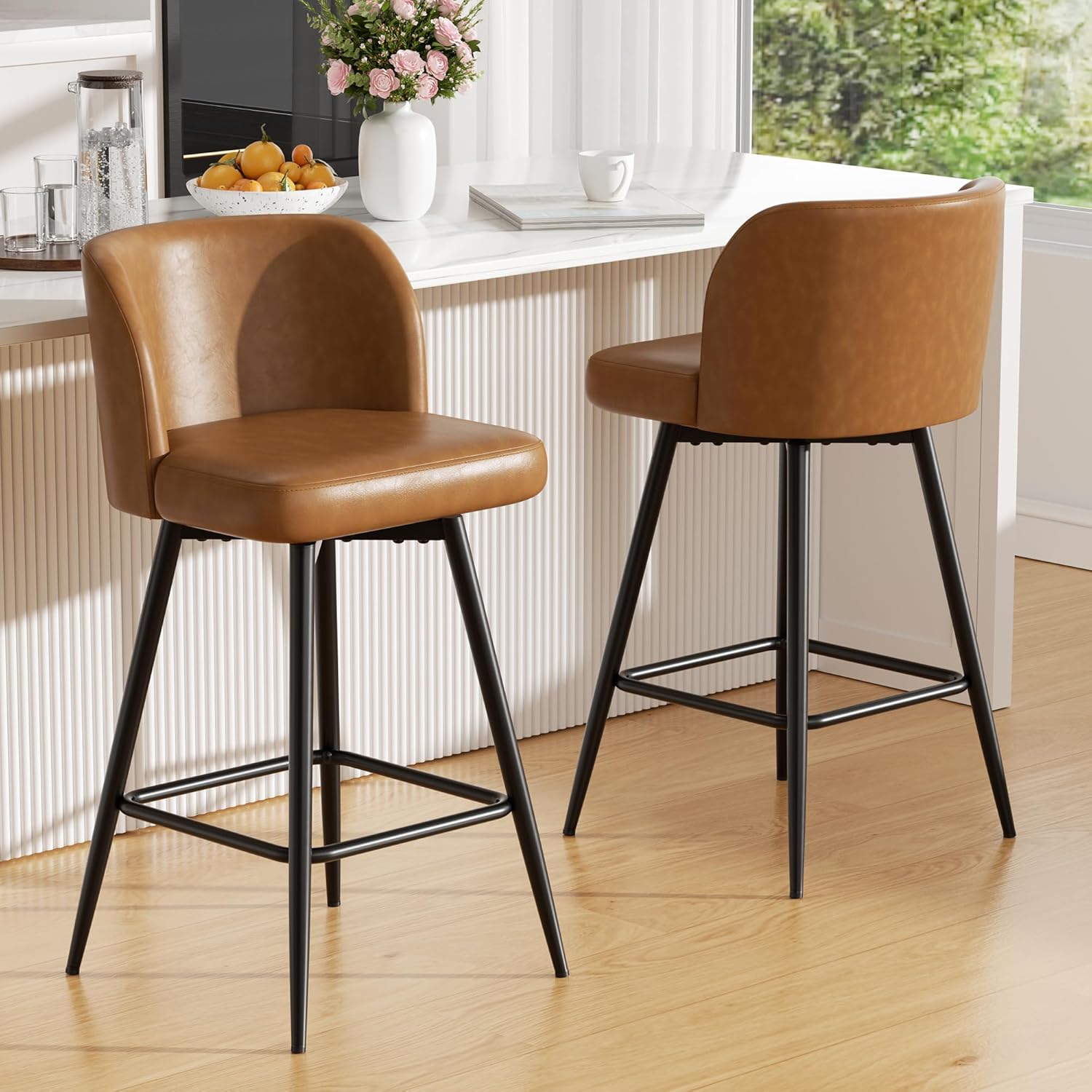Swivel Bar Stools Set of 2, 26" Counter Height Bar Stools with High Back and Metal Legs, Faux Leather Bar Chairs, Modern Barstools for Kitchen Island, Caramel