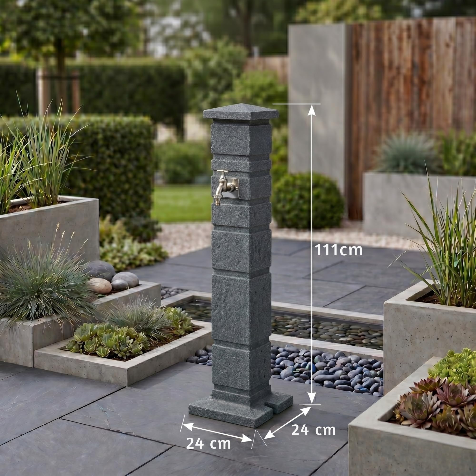 YourCasa Classic Wassersäule Garten Granit-Optik | Römische Wasserzapfsäule mit 3/4 Wasserhahn & Aufbewahrungsbox | 111 cm Standbrunnen Zapfstelle | Witterungsbeständig (Anthrazit)