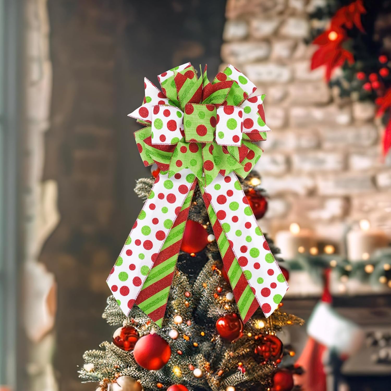2 Pack Red Green Christmas Bows for Wreaths, Pre-Assembled 10 x 18 Inch Large Christmas Tree Topper Bow Ribbon Xmas Decorations Glitter Polka Dots Ornaments for Trees Garlands Indoor Outdoor Decors - Image 3