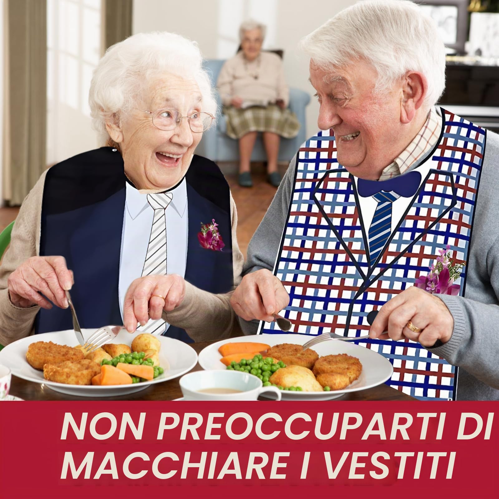 3 Bavaglio per Adulti, Bavaglini per Anziani, Riutilizzabile, con Bottoni a Pressione Antimacchia, per Uomini, Donne, Anziani e Disabili
