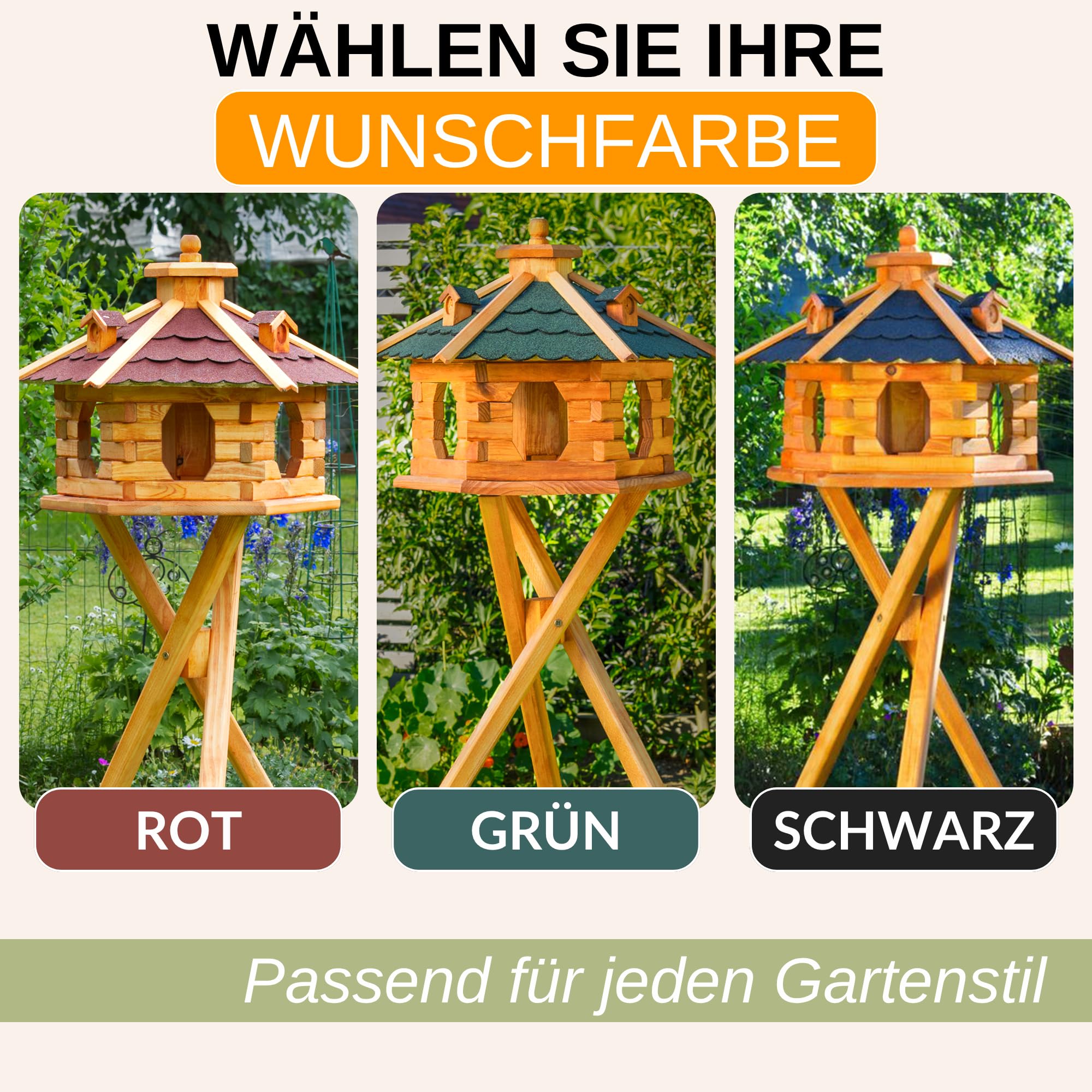 Deko-Shop-Hannusch Vogelhaus wahlweise mit Ständer und Solarbeleuchtung, Verschiedene Größen L - XXL, Futtersilo, wetterfestes Bitumendach (Größe Standard L, schwarz)