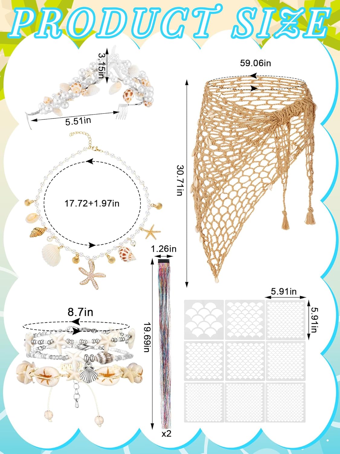 Fourluoo 16 Pcs Mermaid Cosplay Costume Accessories Women Summer Beach Crochet Skirt Crown Seashell Necklace Bracelet