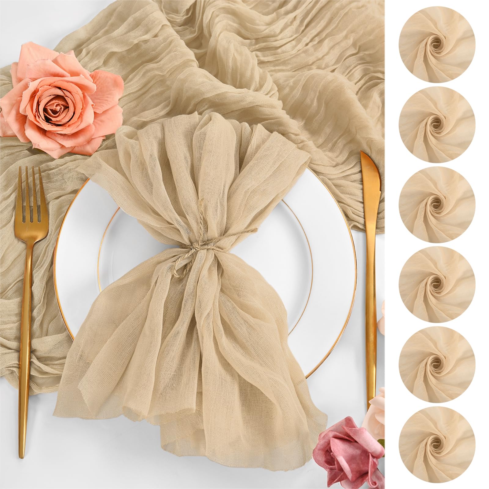 50 Pack Beige Cheesecloth Napkins 20x20 Inch Cloth Napkins Bulk Rustic Boho Gauze Dinner Napkin Cloth Washable Table Napkin for Wedding Party Bridal
