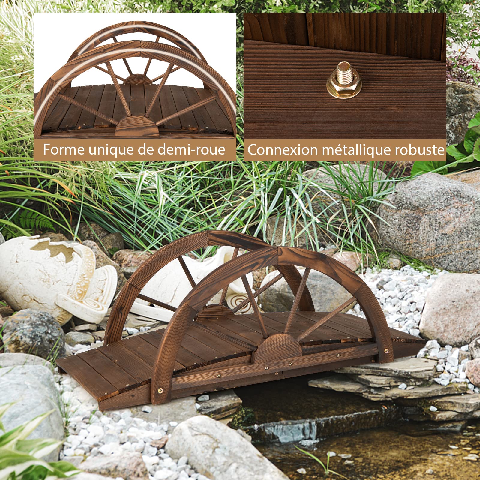 COSTWAY Pont de Jardin en Sapin Carbonisé Charge Maximale 75KG, Pont sur Étang 101,5x48,5x38CM avec des Garde-Corps en Demi-Roue, Décoration du Jardin pour Patio Cour