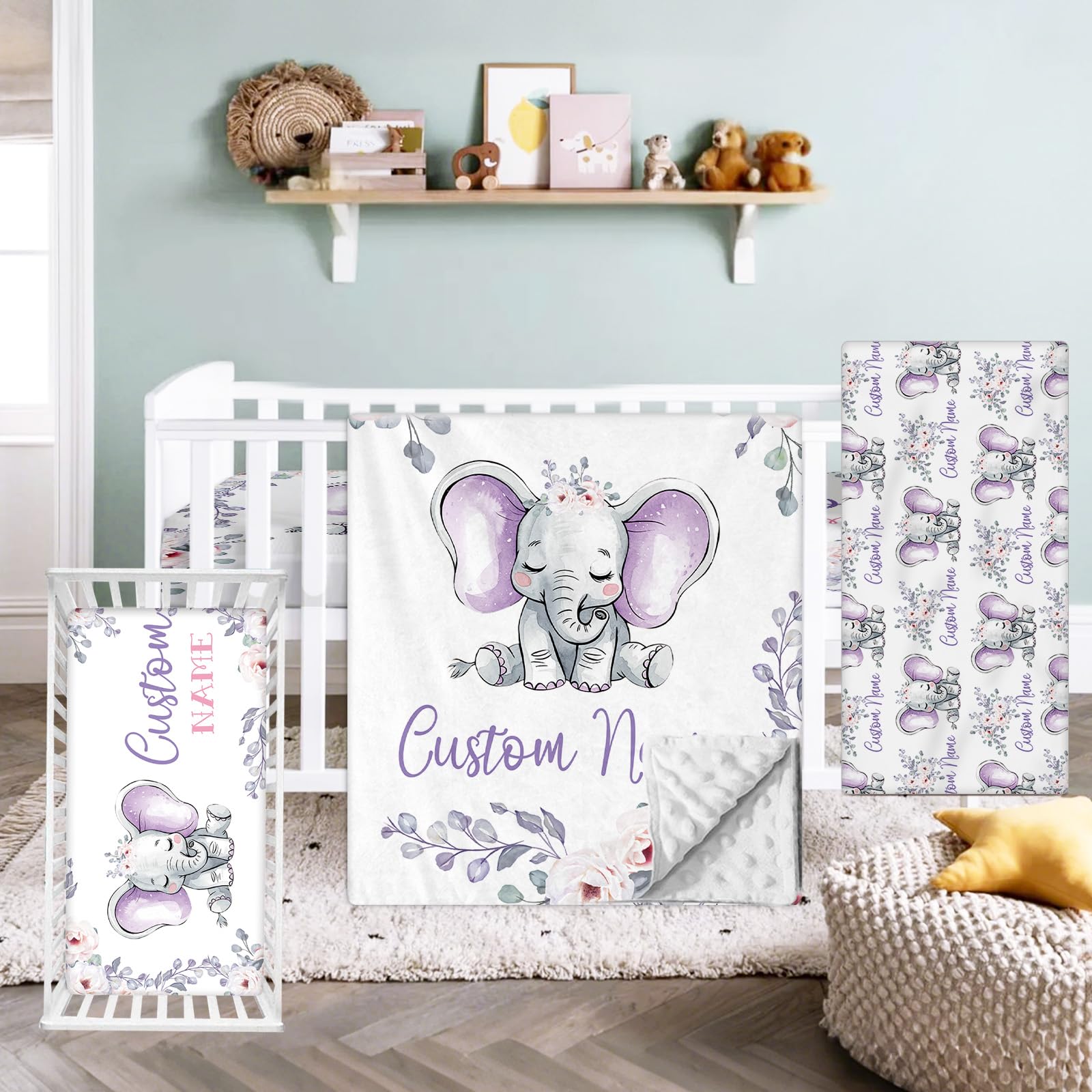 Hatchaa Custom Baby Crib Bedding Set - Purple Elephant Theme Personalized Name Baby Nursery Bedding 3 Piece Set, Toddler Bedding Sets for Girls, Customized Gift for Infants Newborns New Parents
