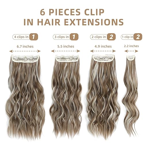 Miniatura 2 de Extensiones de cabello con clip, 6 extensiones onduladas, marrón claro y rubio ceniza, extensiones de cabello grueso que combina bien (20 pulgadas,