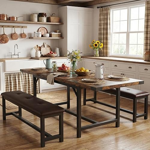 GarveeHome 5 Piece Extendable Dining Table Set for 4-6, Kitchen Table & 2 Upholstered Benches w/Metal Corner Protector, Dining Room Table Set for Small Space, Apartment, Easy Assemble, Retro Brown