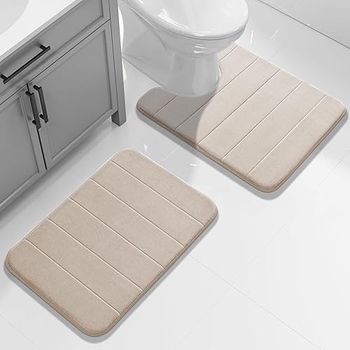 Yimobra Memory Foam Bathroom Rugs Sets 2 Piece - Super Soft Absorbent Quick Dry Bath Mat Set, Machine Washable Non Slip Floor Carpet for Tub Shower & Single Sink (17x24 & 31.5x20 Inch, Gray)(Beige,24x17+24x20 Inch)