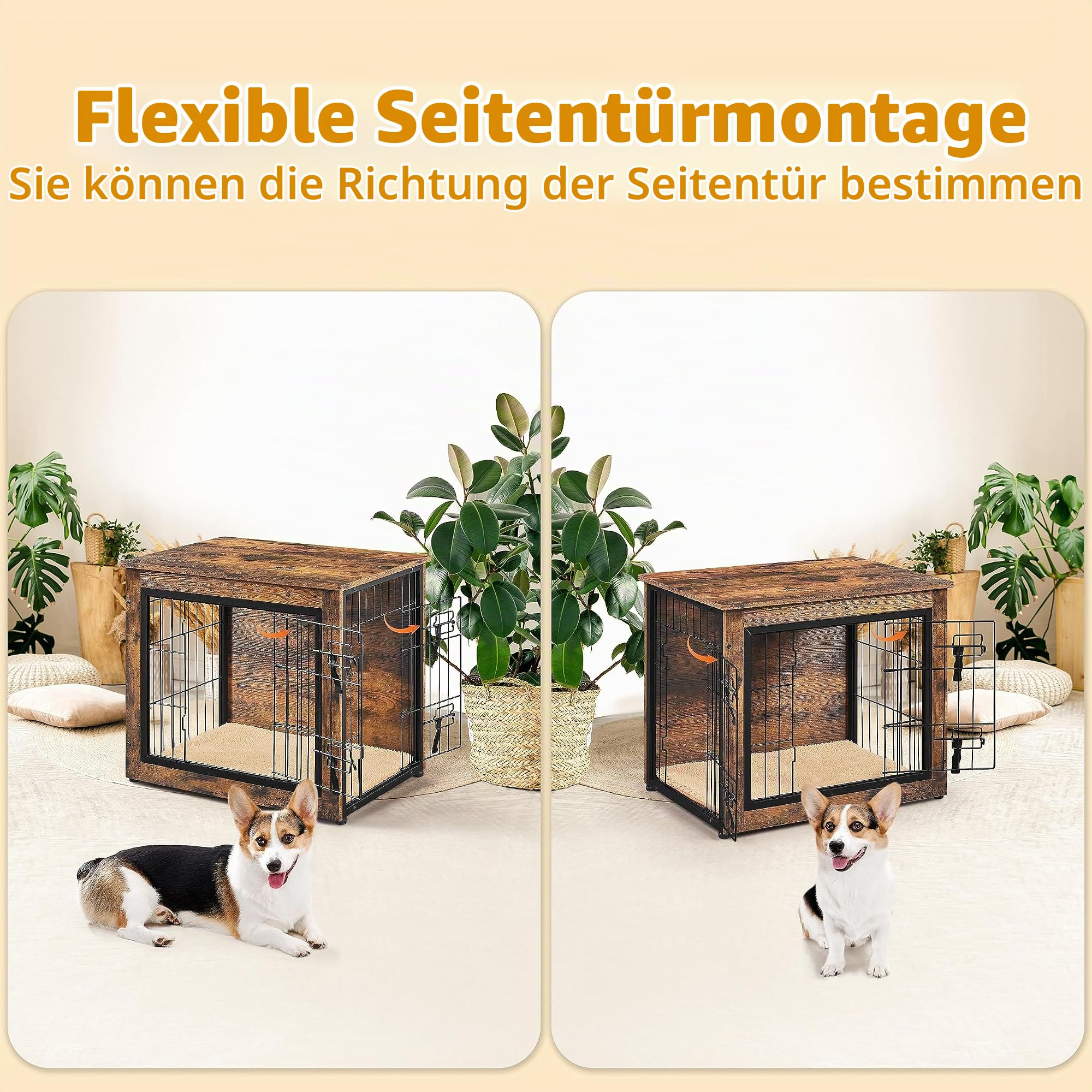 Yaheetech Hundekäfig Möbel, Hundebox Beistelltisch, Moderne Hundehütte für kleine/mittelgrosse Hunde bis zu 61 kg, Hundehaus mit 2 Kissen, 138x51x61 cm, Braun