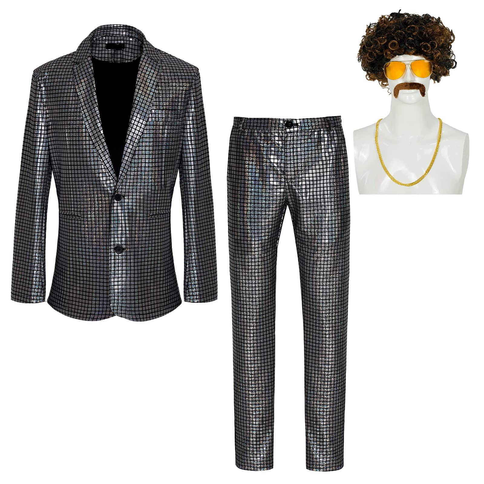 TaamlouMen's Disco Costume Shiny Sequin Suits Set 70s Party Outfits