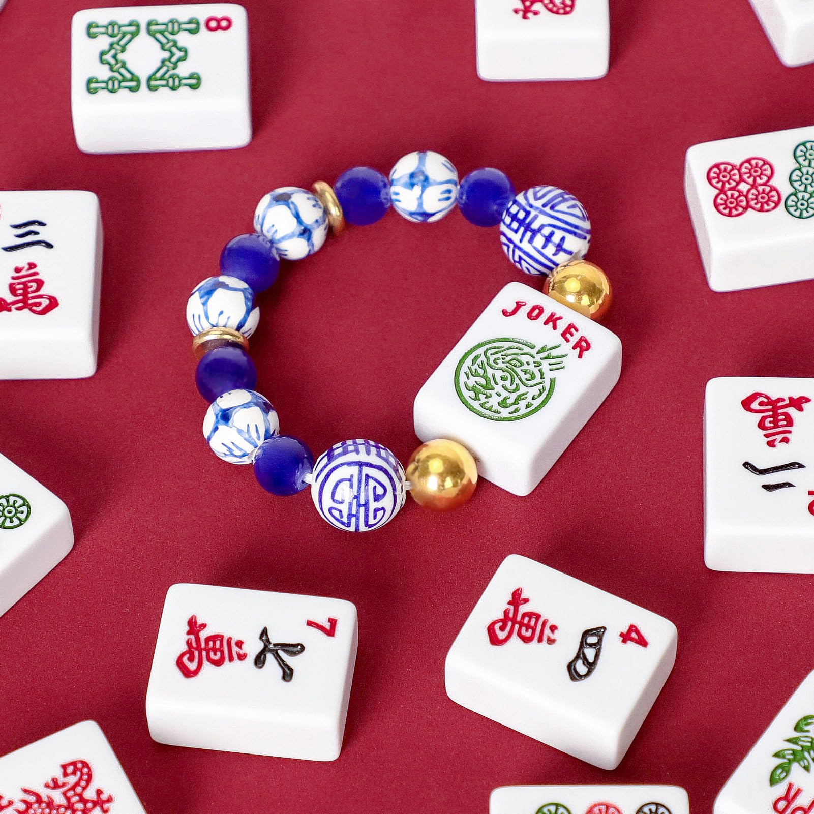 American Mahjong Accessoire de mahjong Bleu avec une tuile Joker Convient aux poignets de 14 à 18 cm