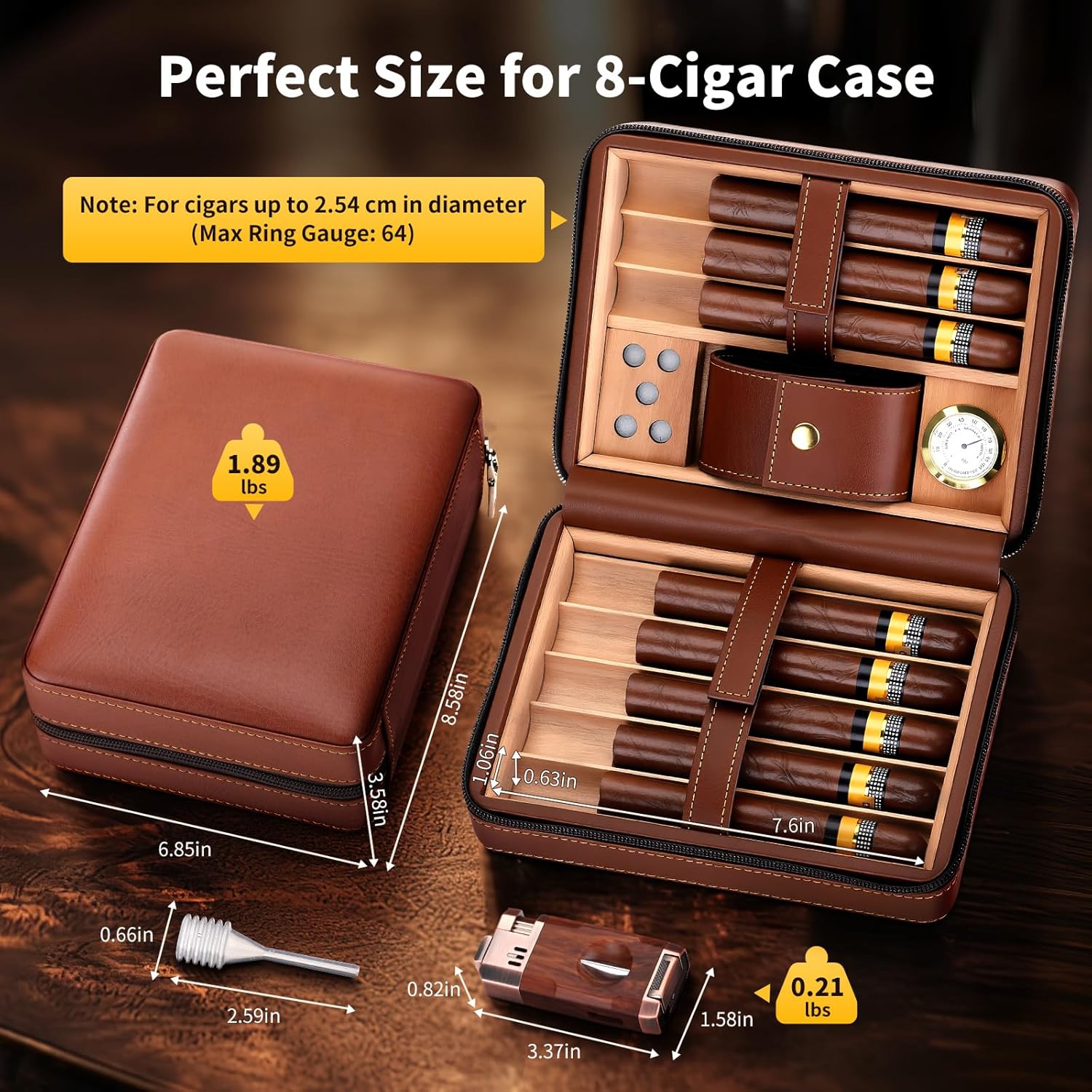 Travel Cigar Humidor Case, Cedar Wood Lined Leather Box w/ 3-in-1 Lighter-Built-in V Cutter/Holder, Humidifier, Hygrometer, Accessories Pocket, Portable 8 Cigars Storage, Gift for Men