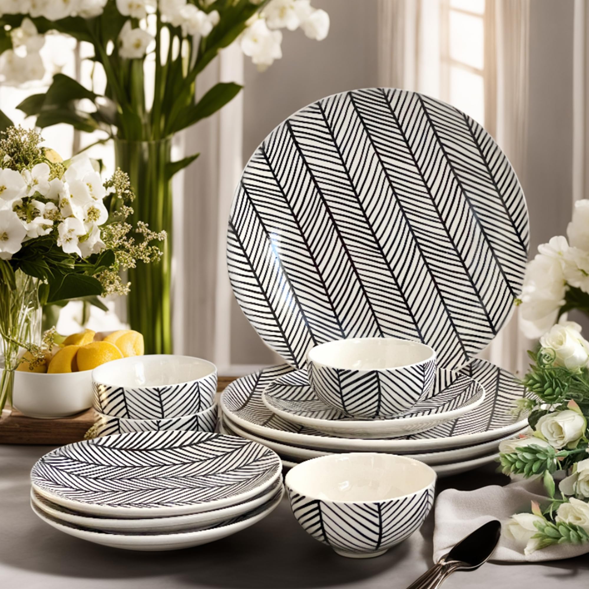 Premium Ceramic Dinner Set | Black & White Chevron Pattern Lines | 12 Pieces | 4 Full Plates,4 Quarter Plates, 4 Bowls (Microwave & Dishwasher Safe) Wedding, Christmas Gifts
